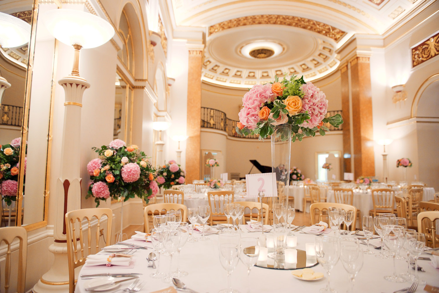 Elegant Lansdowne Club ballroom with formal table settings for luxury wedding and gala events.