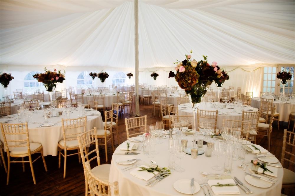 Elegant tented event space at Winton Castle, perfect for weddings and formal gatherings.