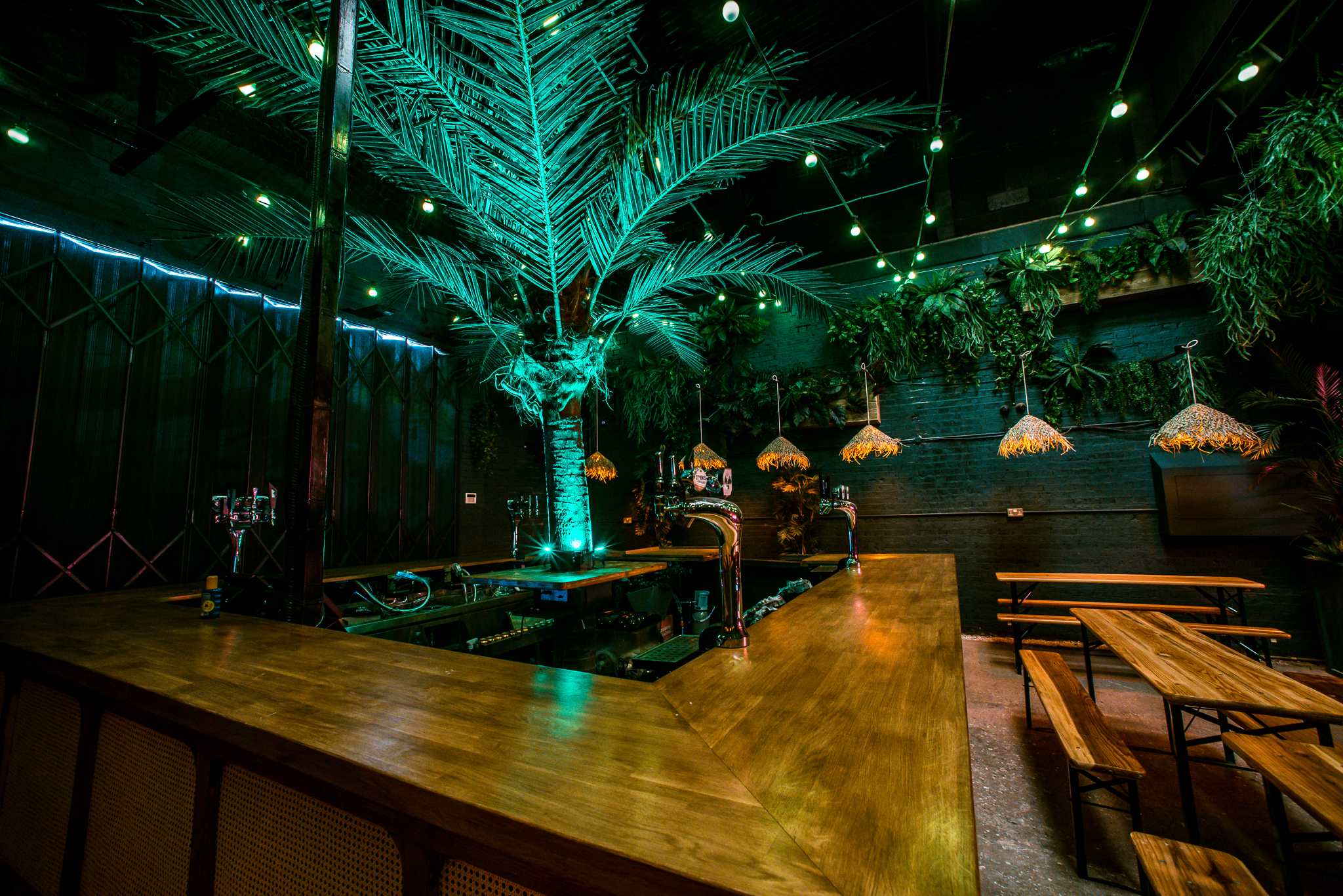 Vibrant Palm Bar at Night Tales, lush greenery, ideal for networking events and parties.