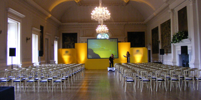 Adam Ballroom at Hopetoun House, elegant chandeliers, presentation venue setup.