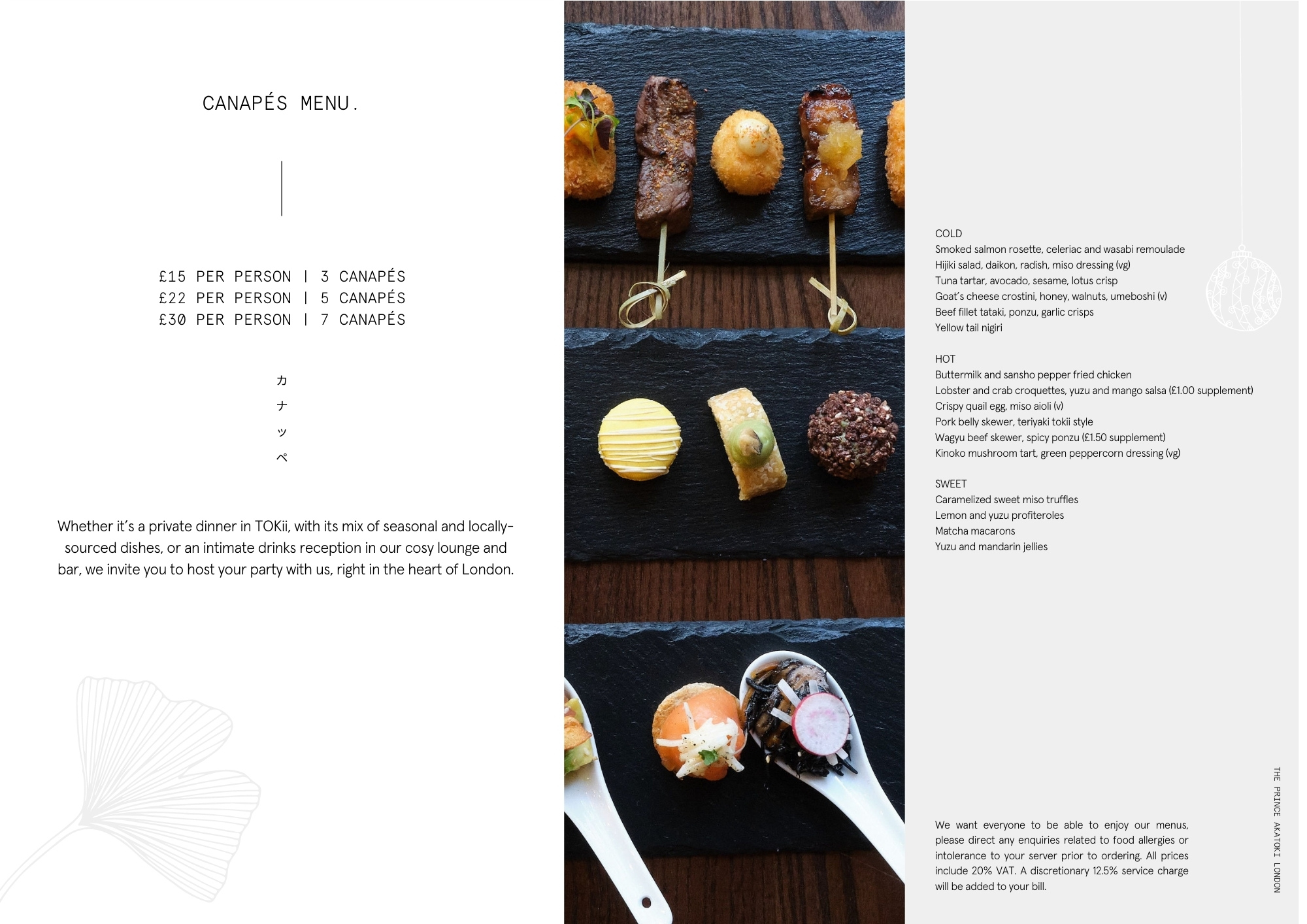 Sophisticated canapés menu at TOKii, The Prince Akatoki London for upscale events.