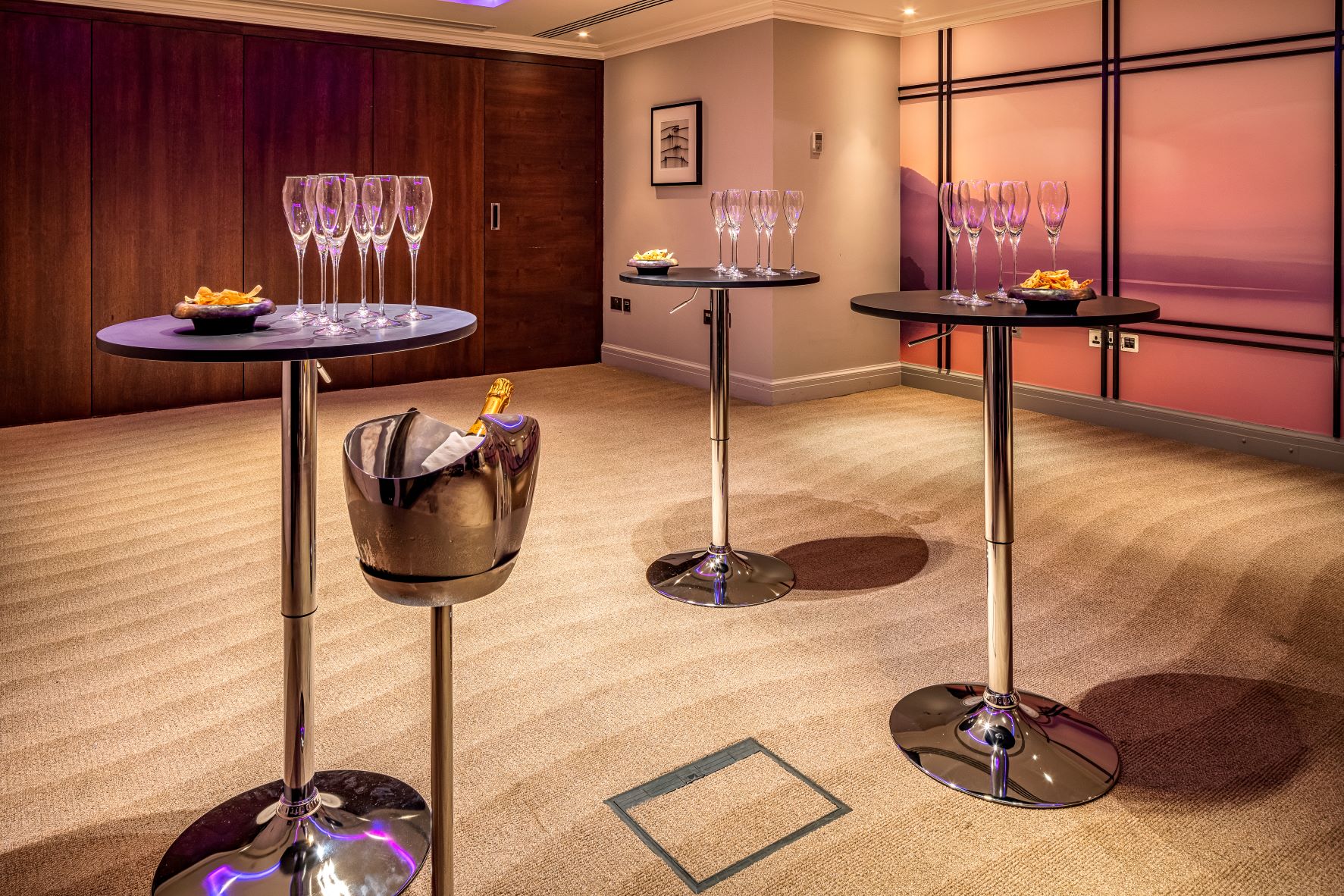 Sophisticated event setup in The Prince Room, ideal for networking and cocktail receptions.