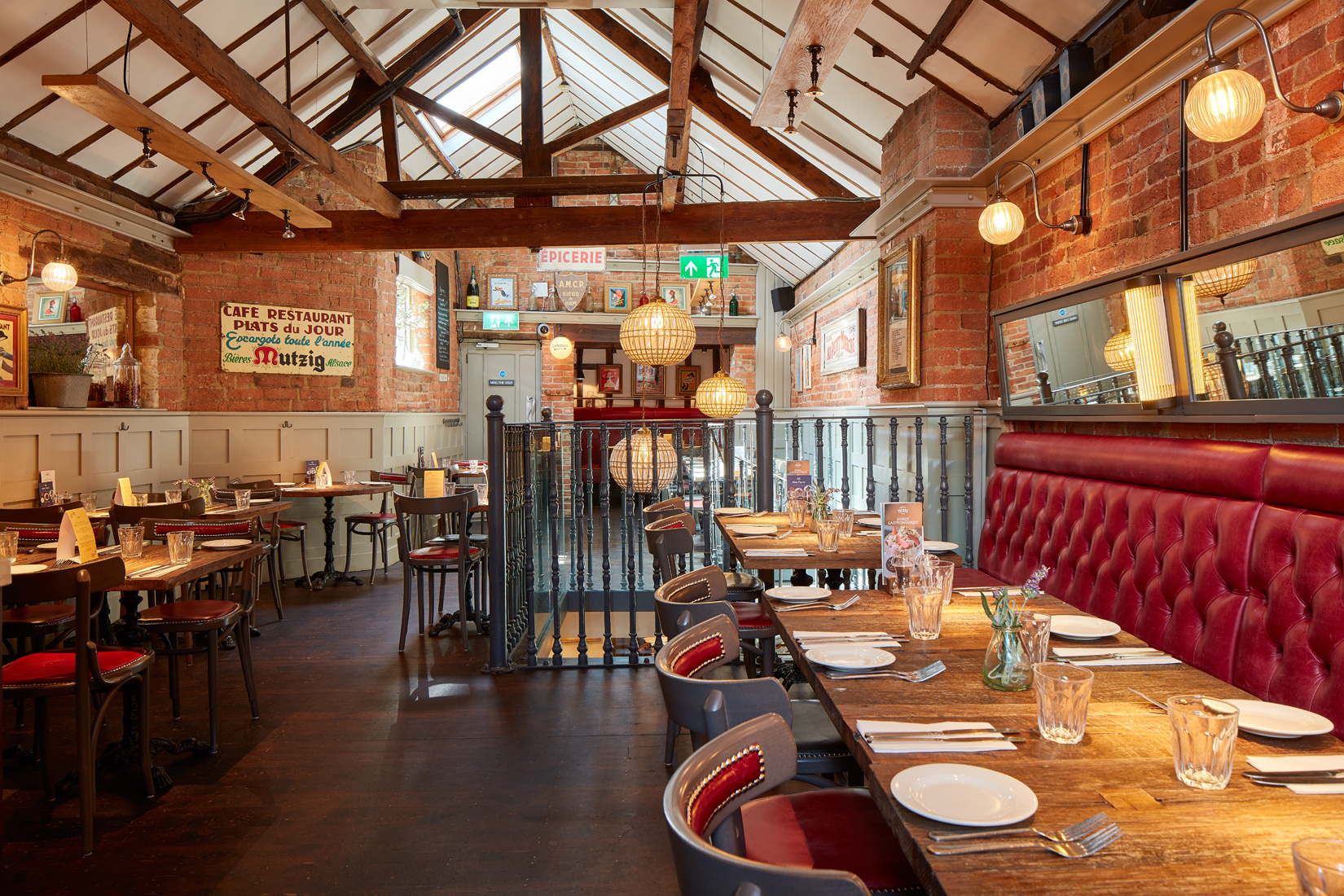First Floor Dining Room at Bistrot Pierre Derby, rustic space for events and gatherings.