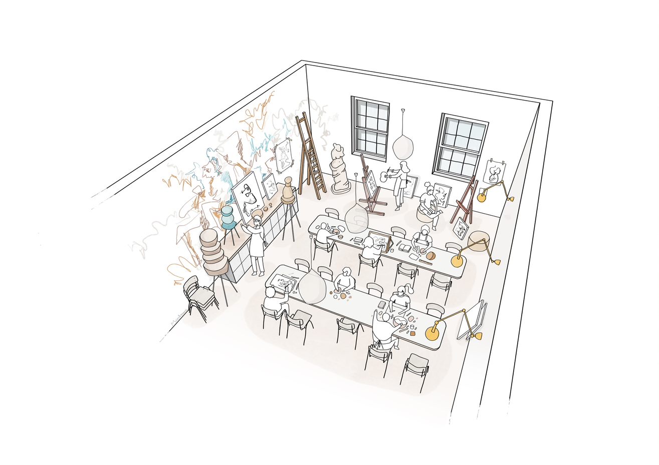 Art studio meeting space with long table, ideal for workshops and brainstorming sessions.