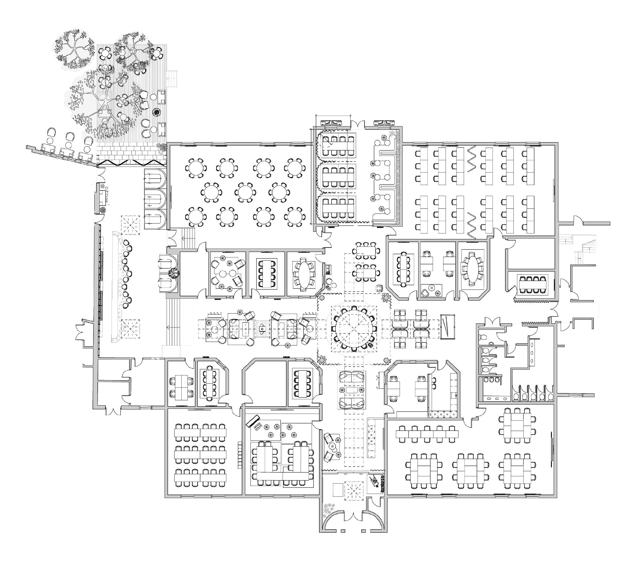 Event space floor plan with seating configurations for workshops and plenary sessions.