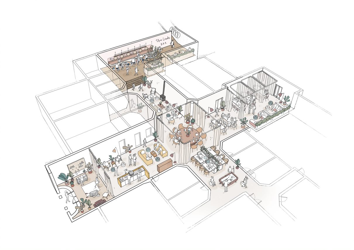 Versatile event space floor plan with networking, dining, and presentation areas.