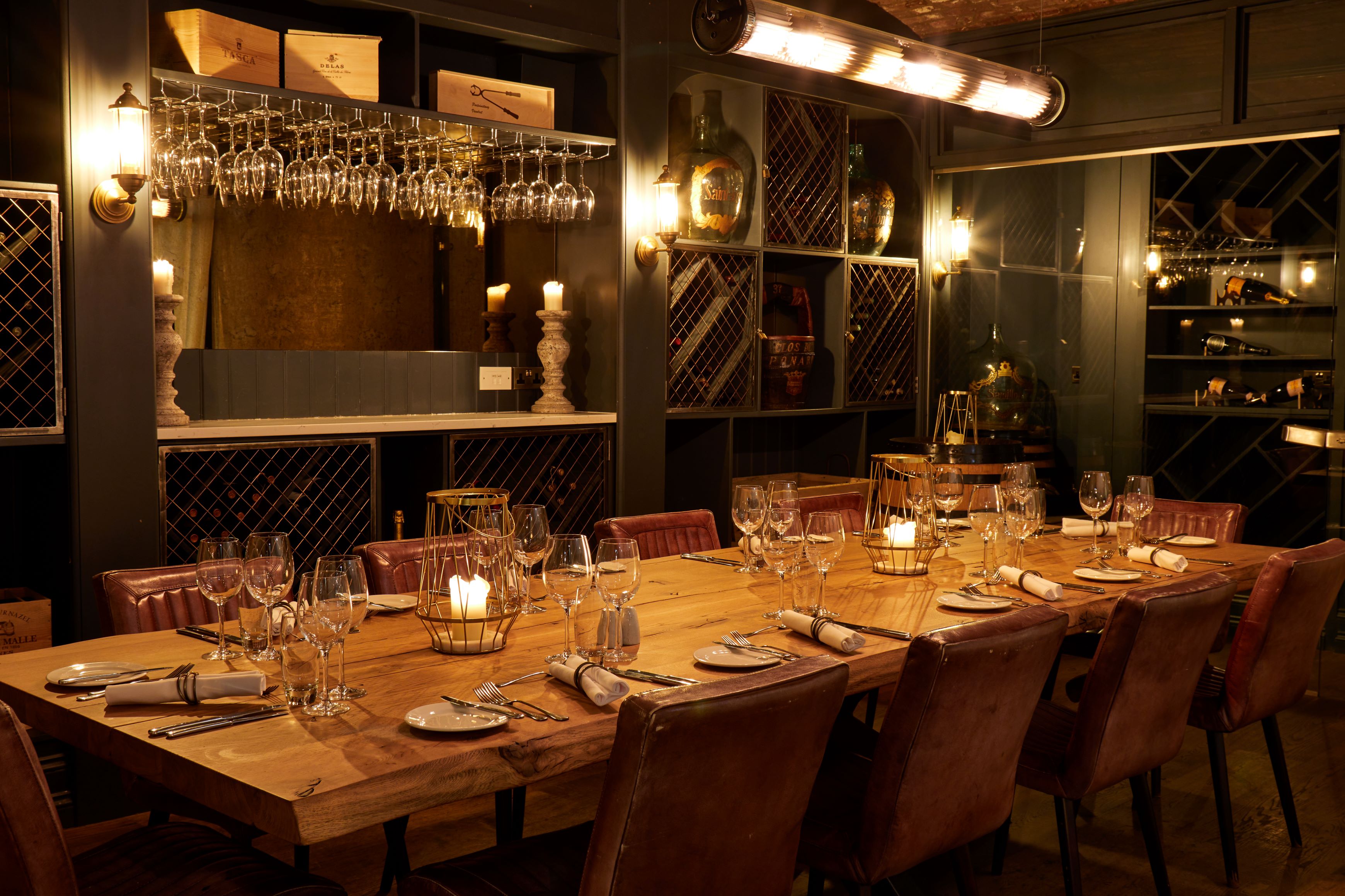 Elegant dining table in The Wine Cellar, perfect for intimate gatherings and corporate events.