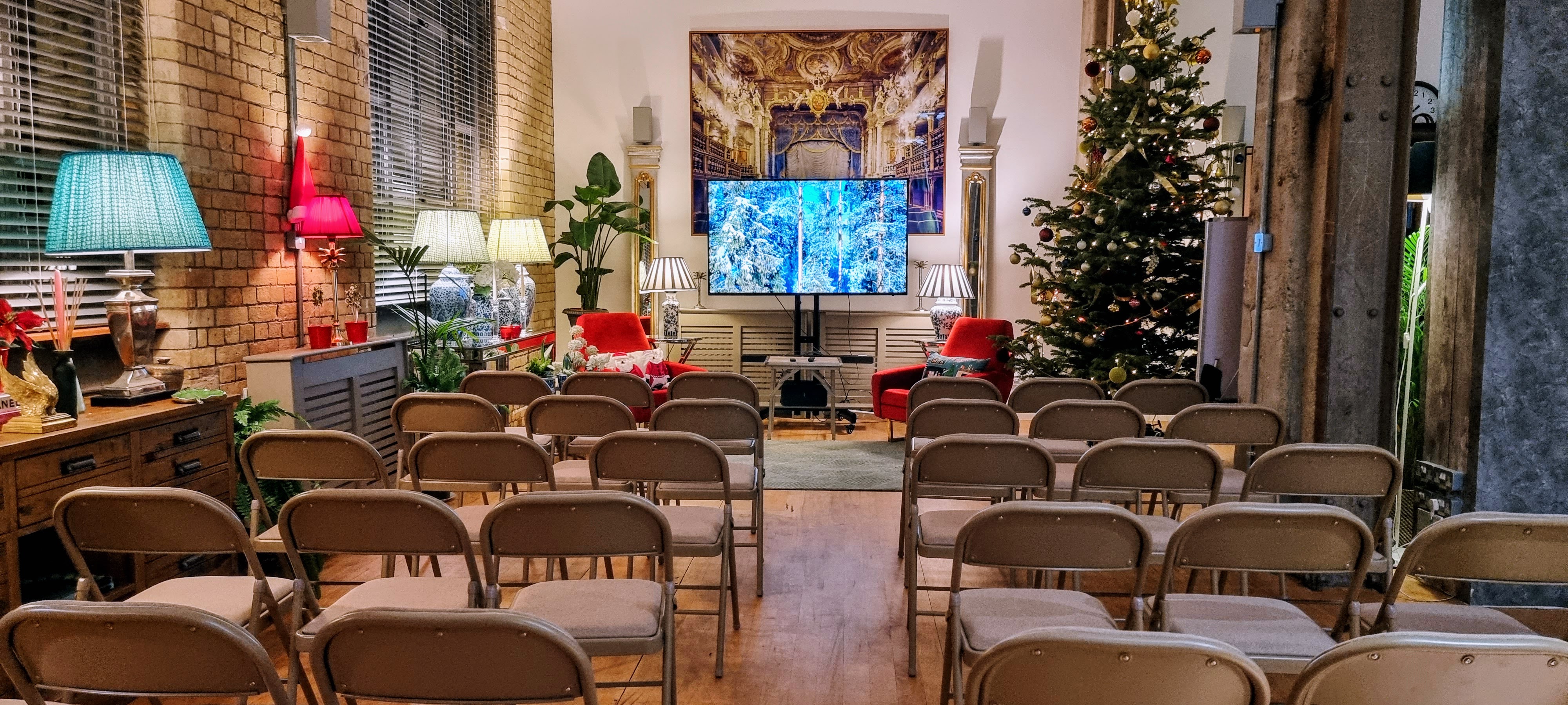 Cozy event space at The New Yorker Gallery, perfect for presentations and celebrations.