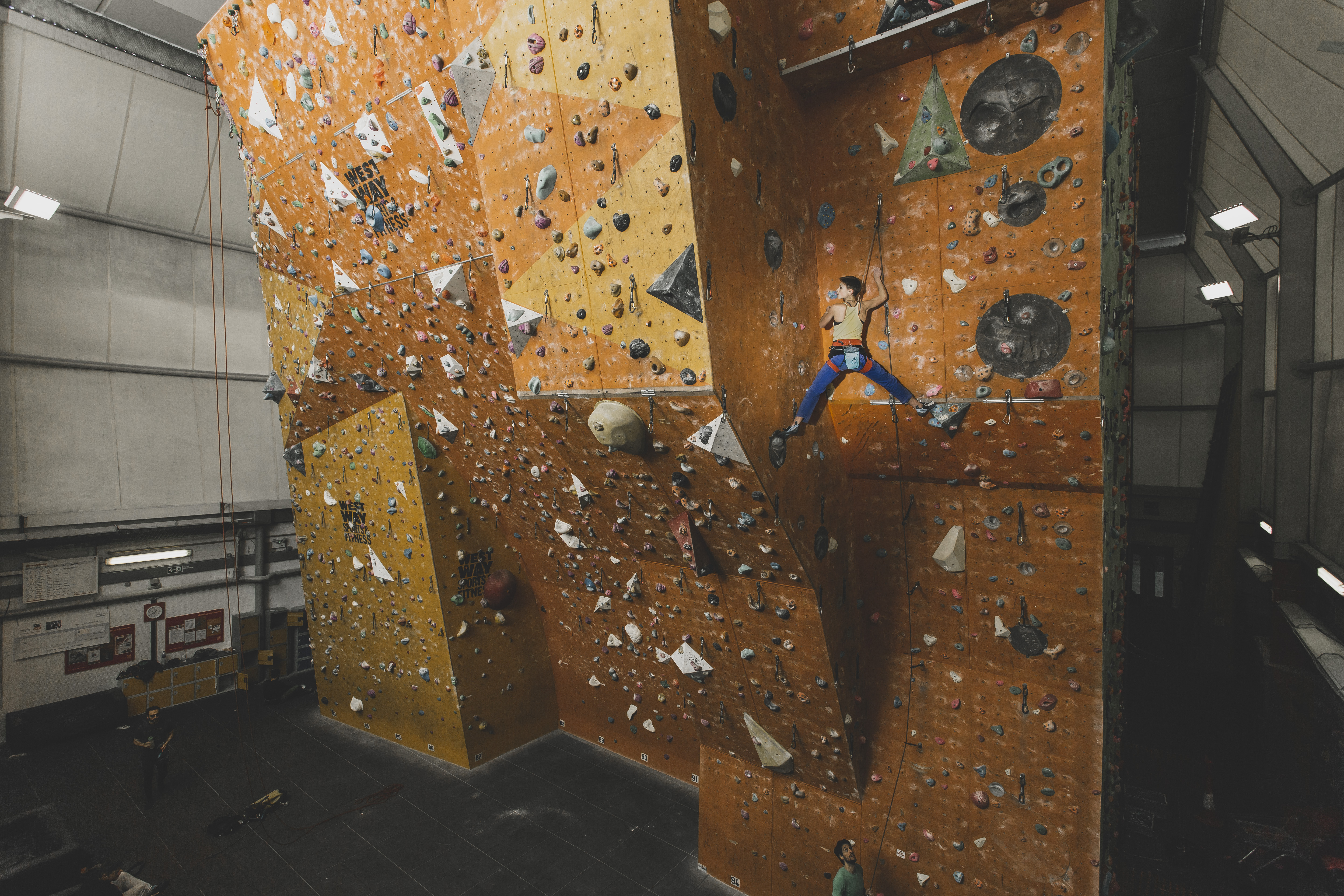 Vibrant indoor climbing wall at Westway Sports & Fitness Centre for team-building events.