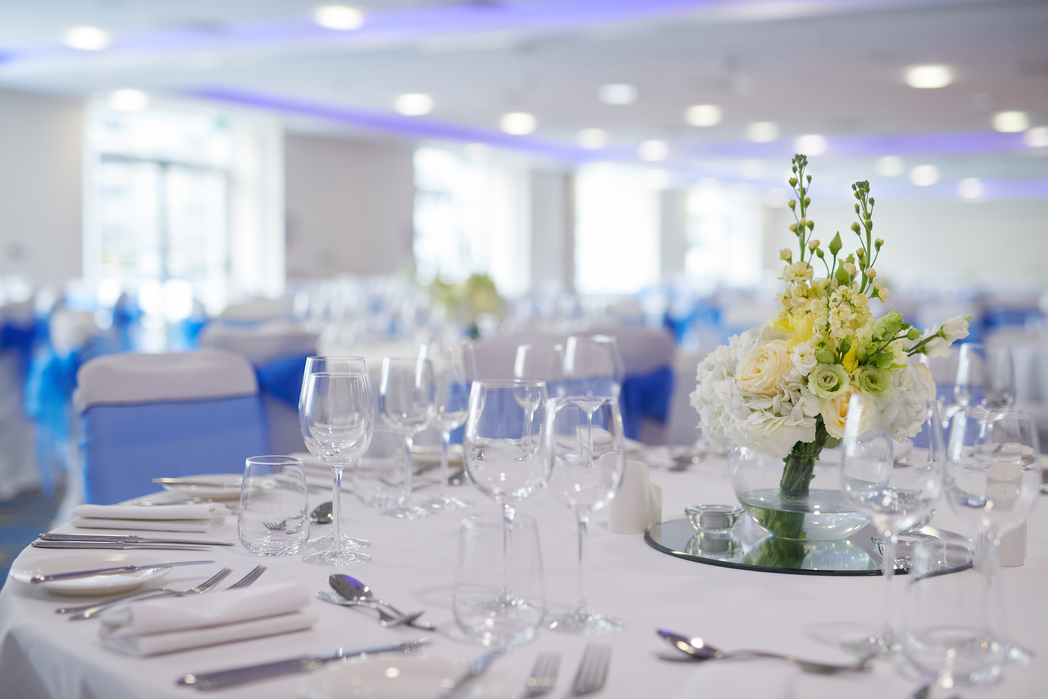 Elegant banquet table in Grand Room 3, Chelsea Harbour Hotel for weddings and corporate events.