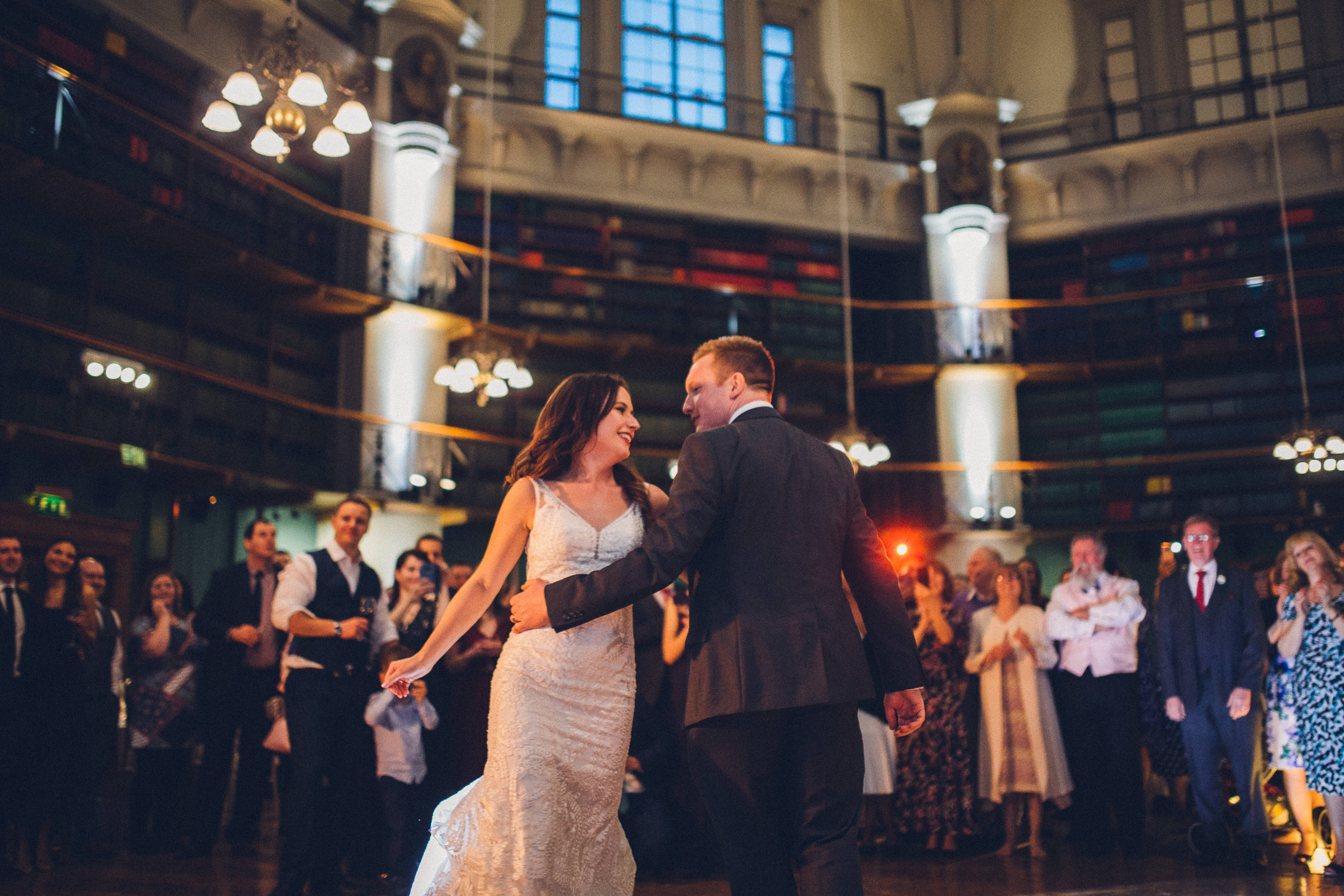 "Intimate wedding reception first dance at The Octagon, Queen Mary Venues."