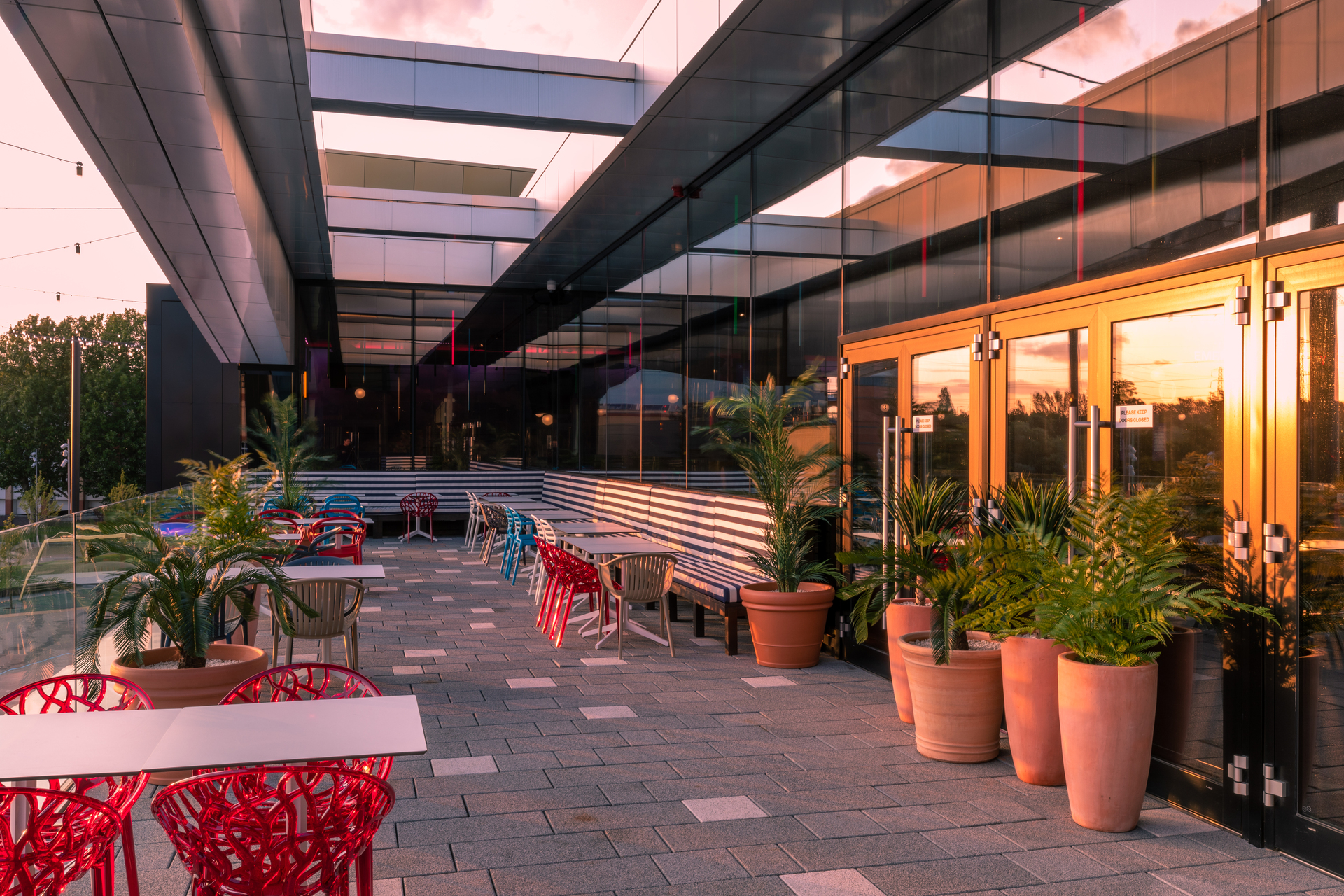 Sapphire Private Room at Puttshack: stylish outdoor space for networking events and receptions.