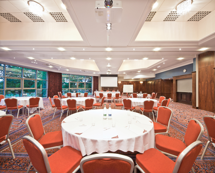 Park View Suite at Drayton Manor Hotel, bright meeting space with round tables for events.