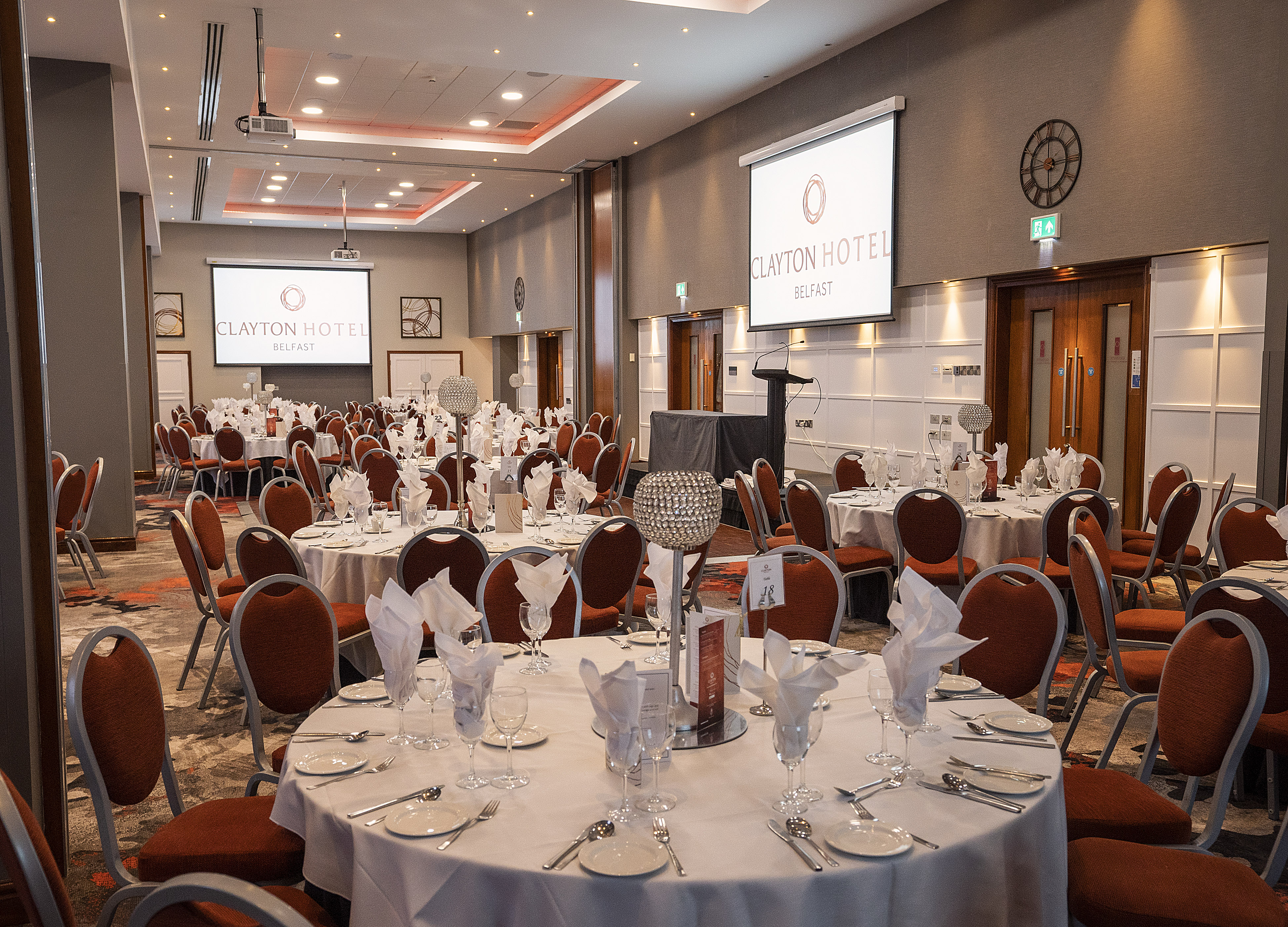 Elegant banquet hall in Clayton Hotel Belfast, perfect for conferences and formal events.