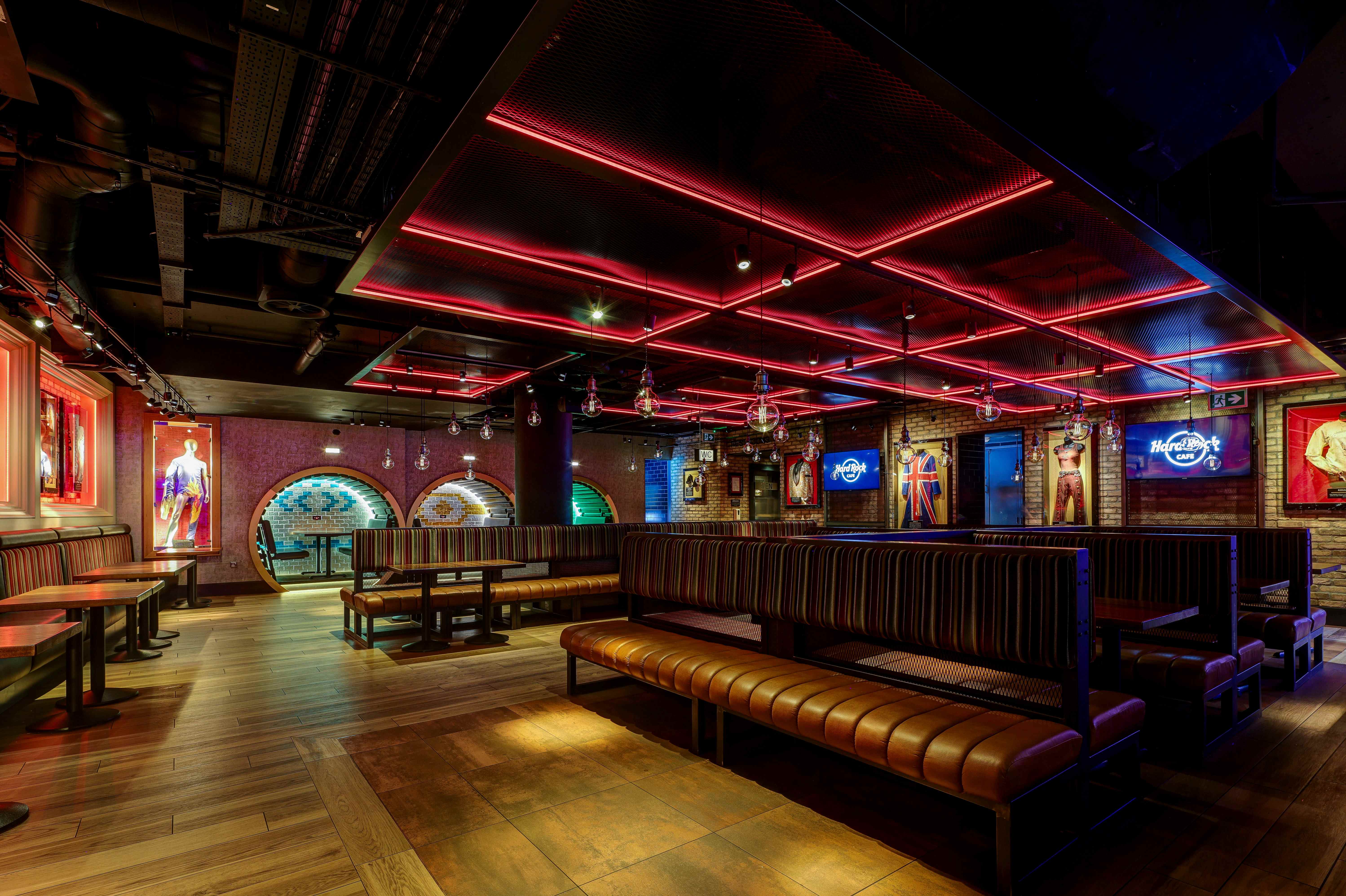 Vibrant event space at Hard Rock Cafe Piccadilly Circus with modern decor for gatherings.
