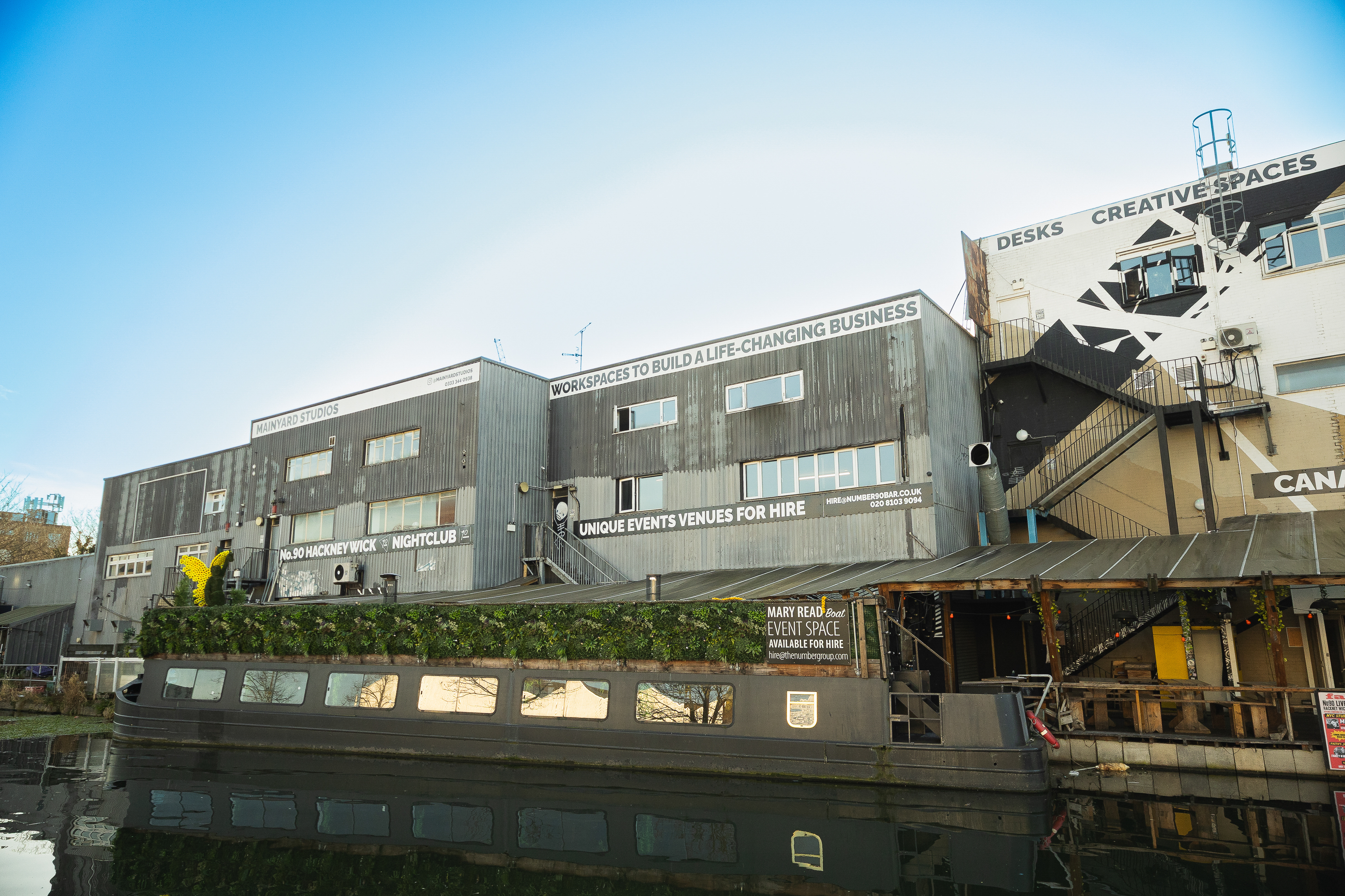 Mary Read Boat venue in Hackney Wick, modern design for corporate retreats and networking events.