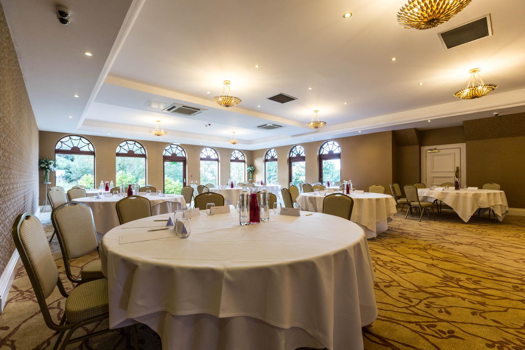 Garden Room at Gleddoch Hotel: elegant event space with natural light for meetings and gatherings.