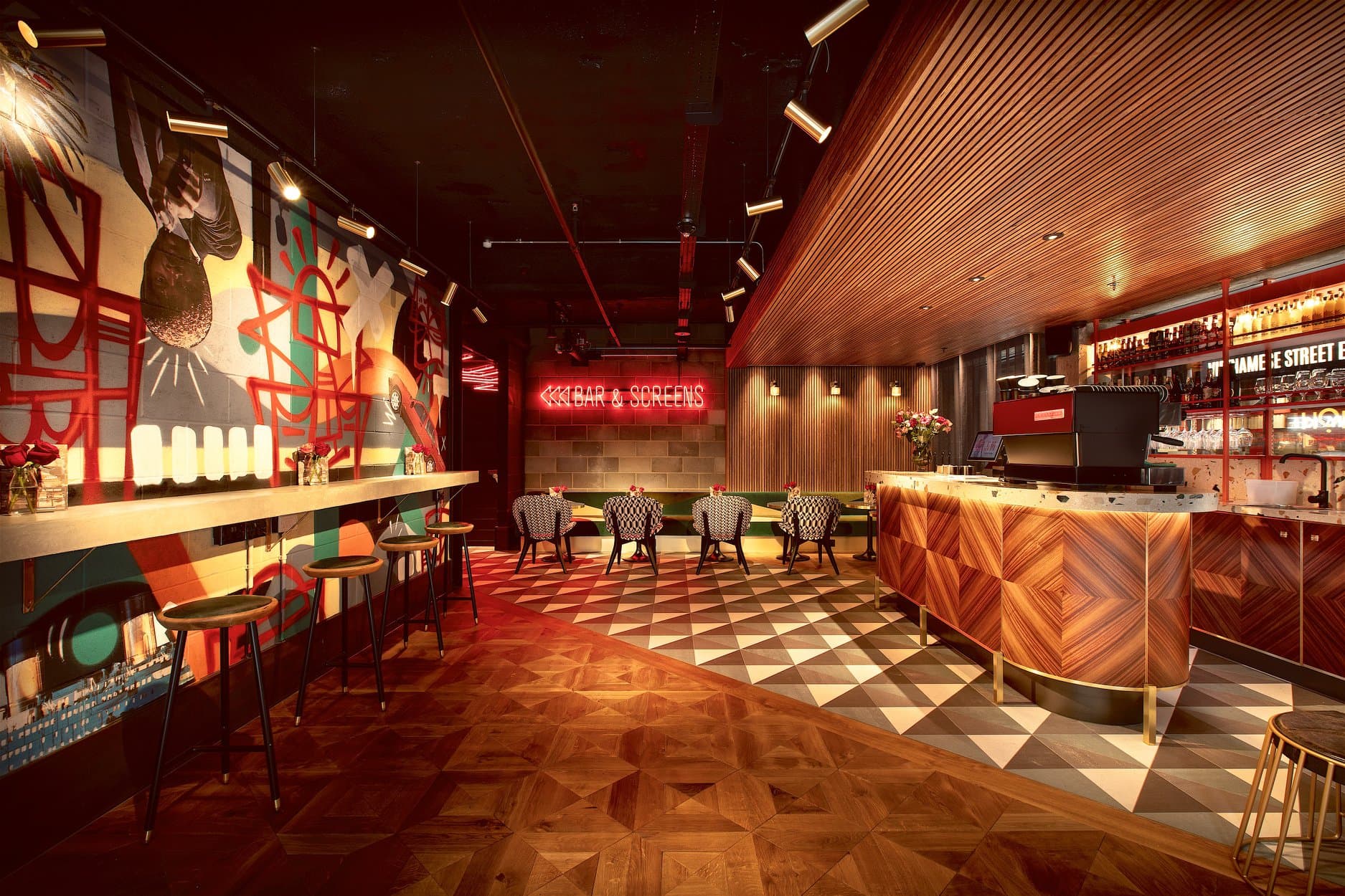 Modern event space at Everyman Broadgate with vibrant decor for networking receptions.