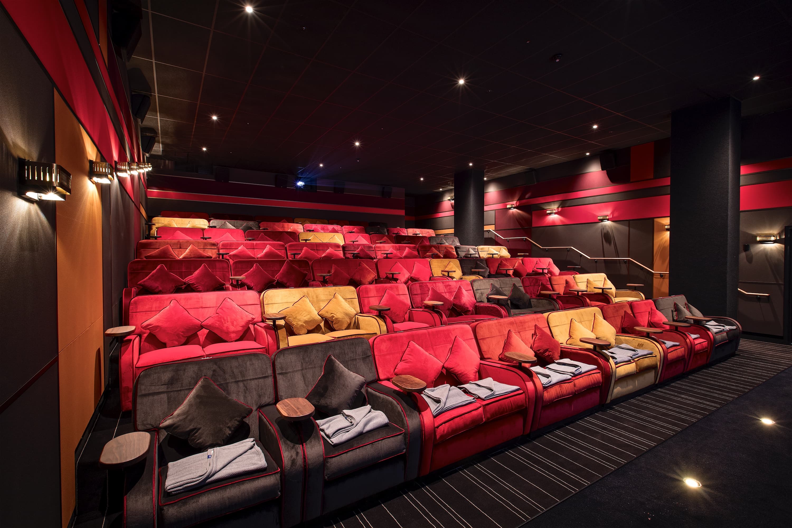 Modern cinema seating in Everyman Broadgate for events like presentations and screenings.