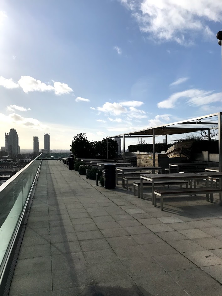Spacious rooftop venue with skyline view, ideal for networking events and gatherings.