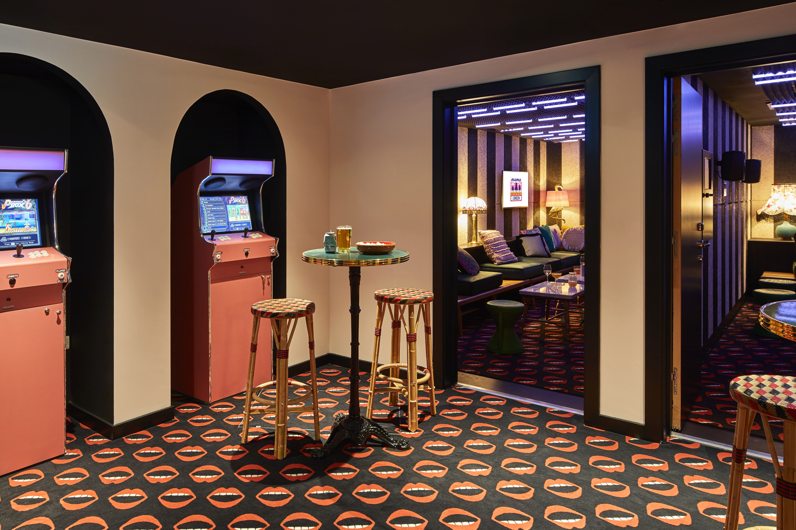 Vibrant karaoke room with retro arcade games for networking events in Mama Shelter London.