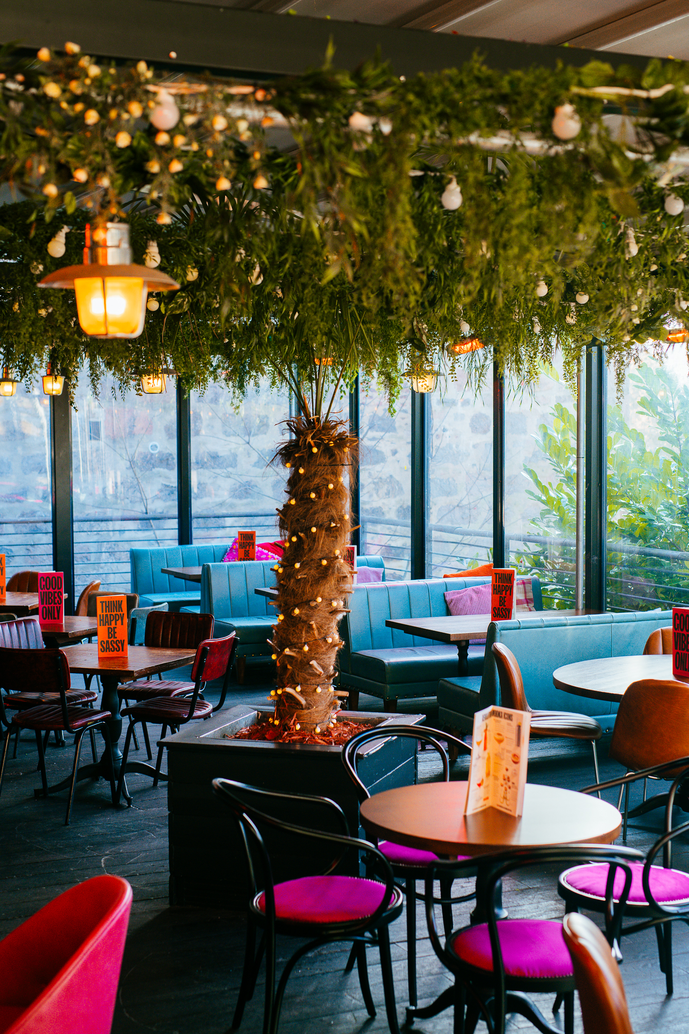 Vibrant event space at The Terrace, featuring a palm tree and cozy seating for gatherings.