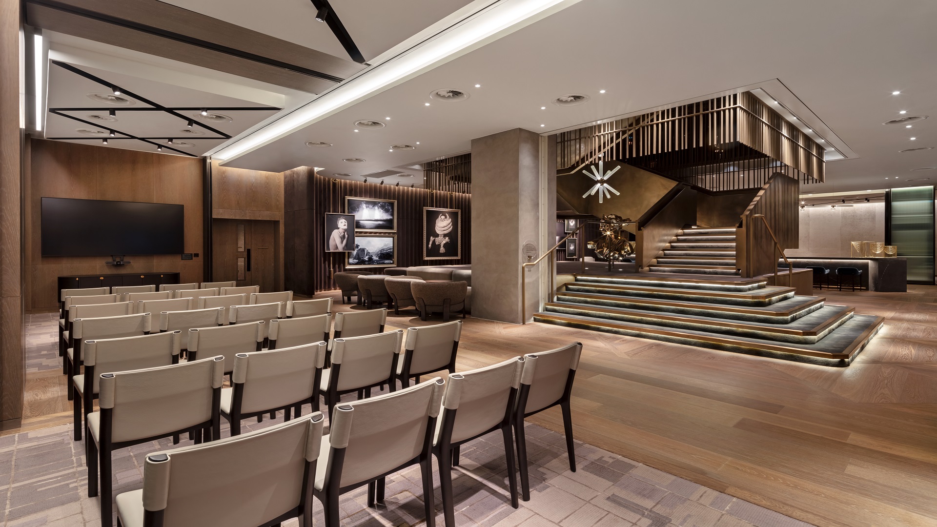 National Gallery event space with tiered seating for corporate presentations and networking.