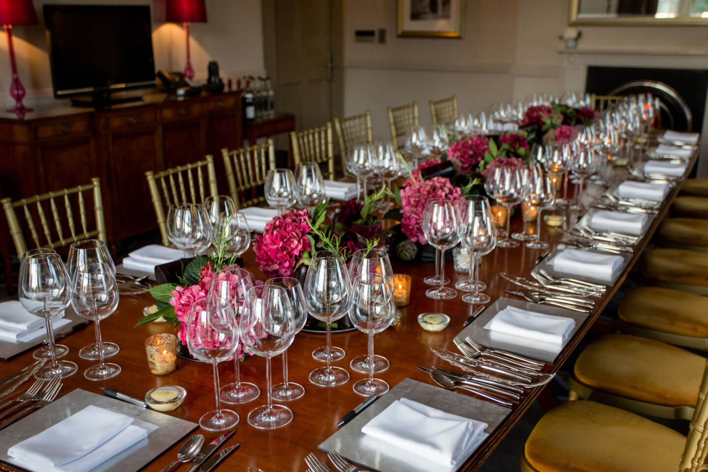 Elegant dining setup in The Mansion for corporate dinners and intimate events.