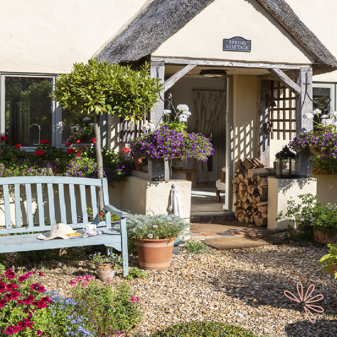 Charming Spring Cottage outdoor space with vibrant flowers for intimate gatherings.