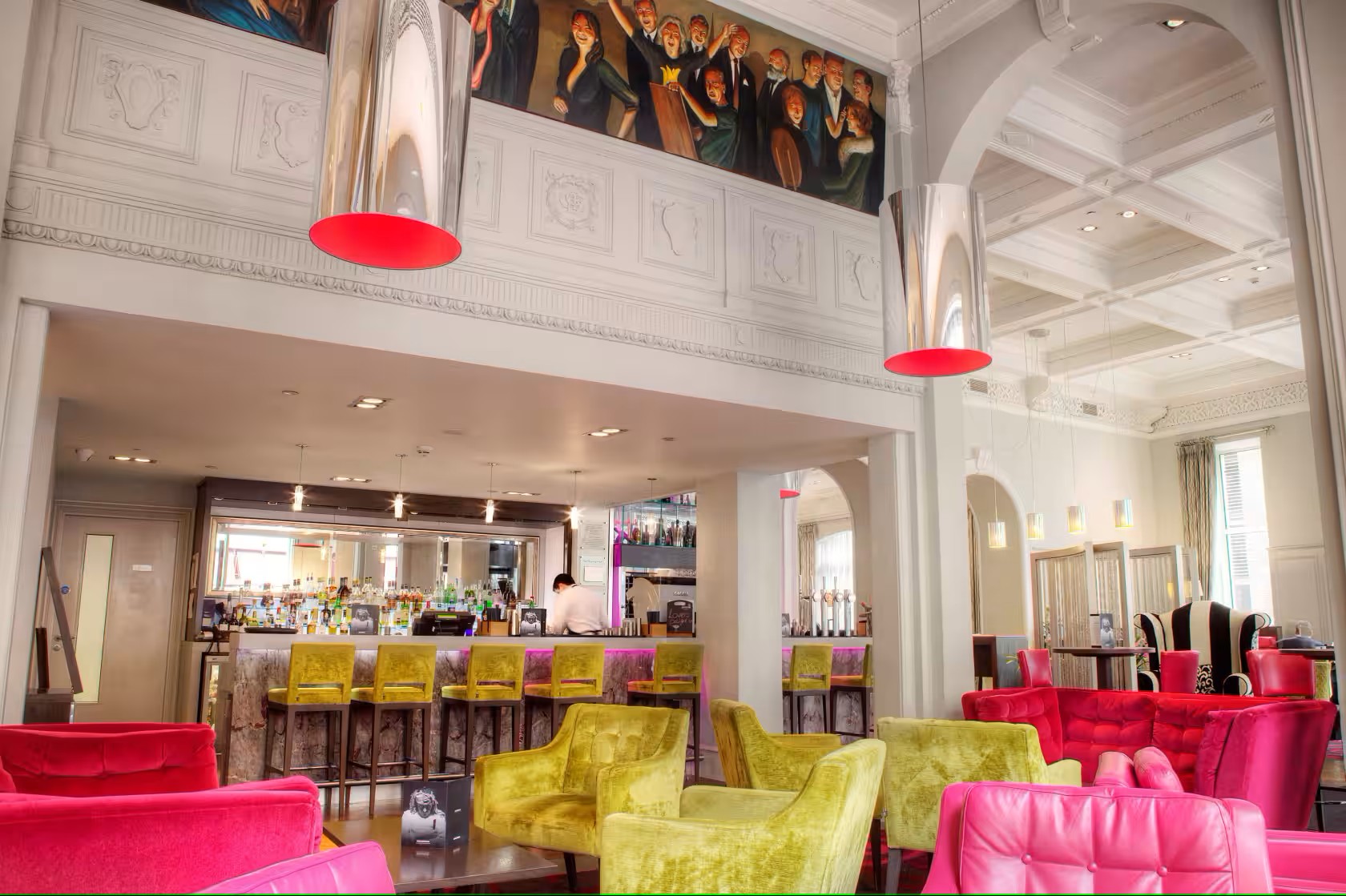 Modern Lounge Bar at Hotel Indigo Glasgow with vibrant seating for networking events.