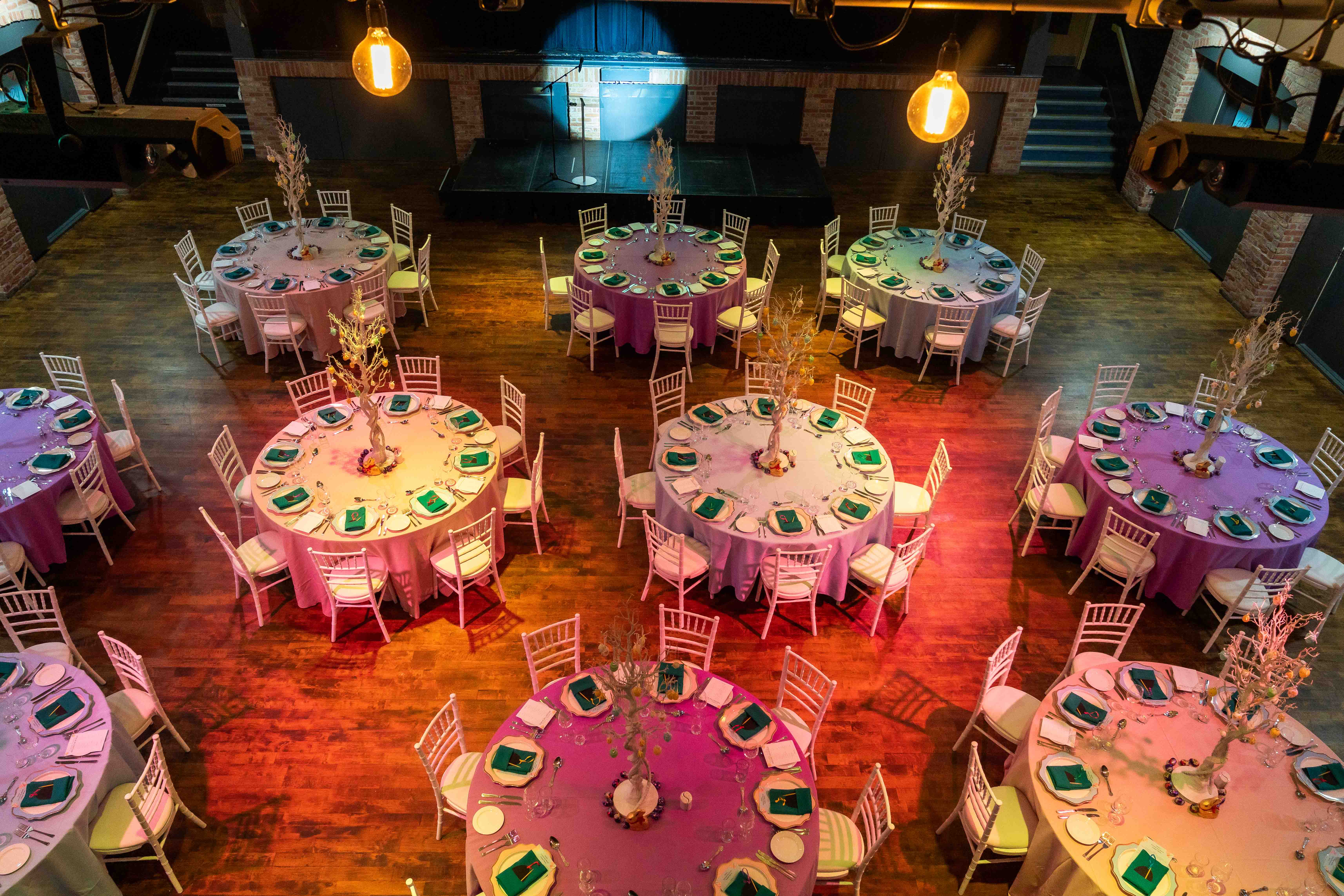 Elegant ballroom gala event, round tables, sophisticated lighting