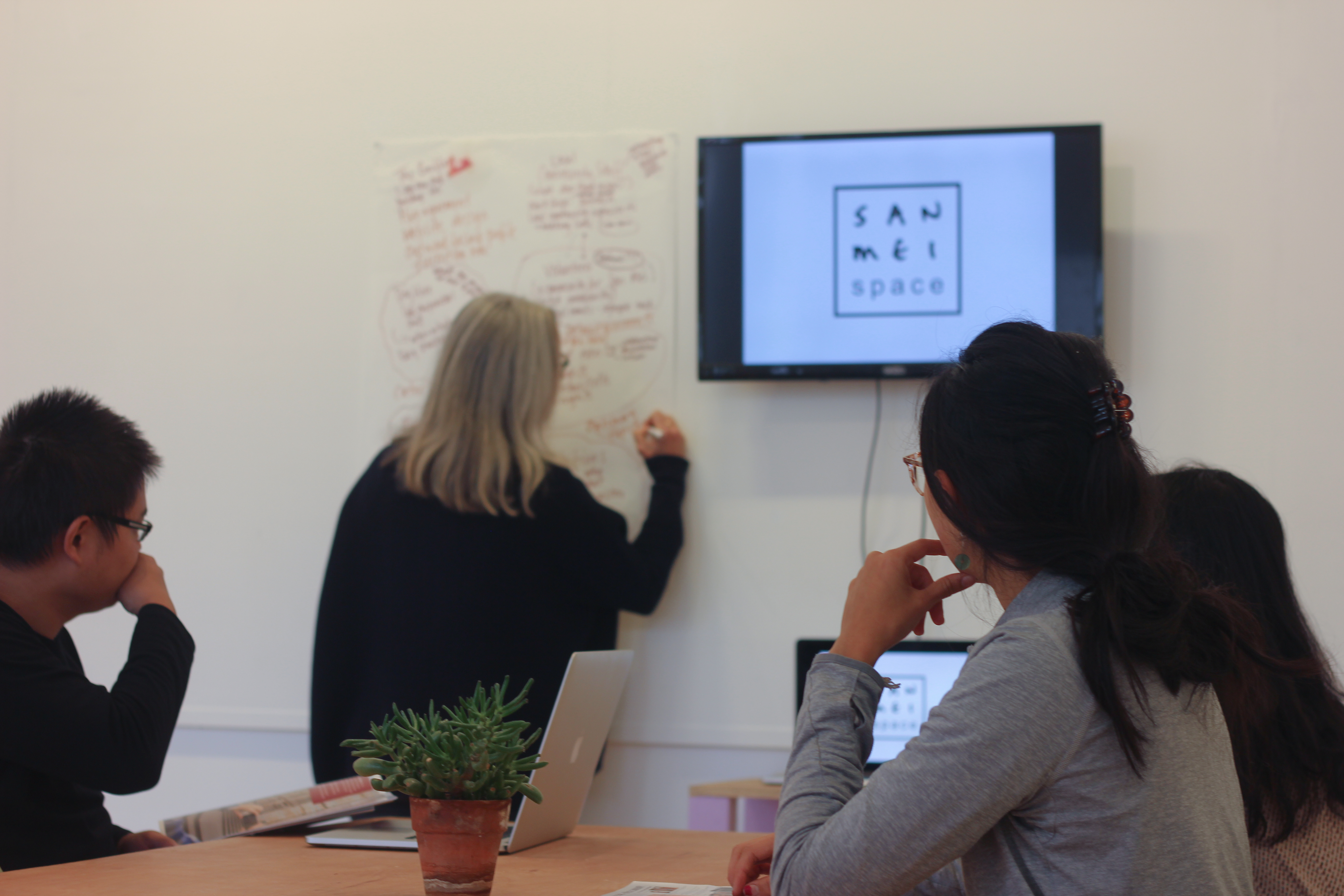 Collaborative meeting at San Mei Gallery with brainstorming on a whiteboard.