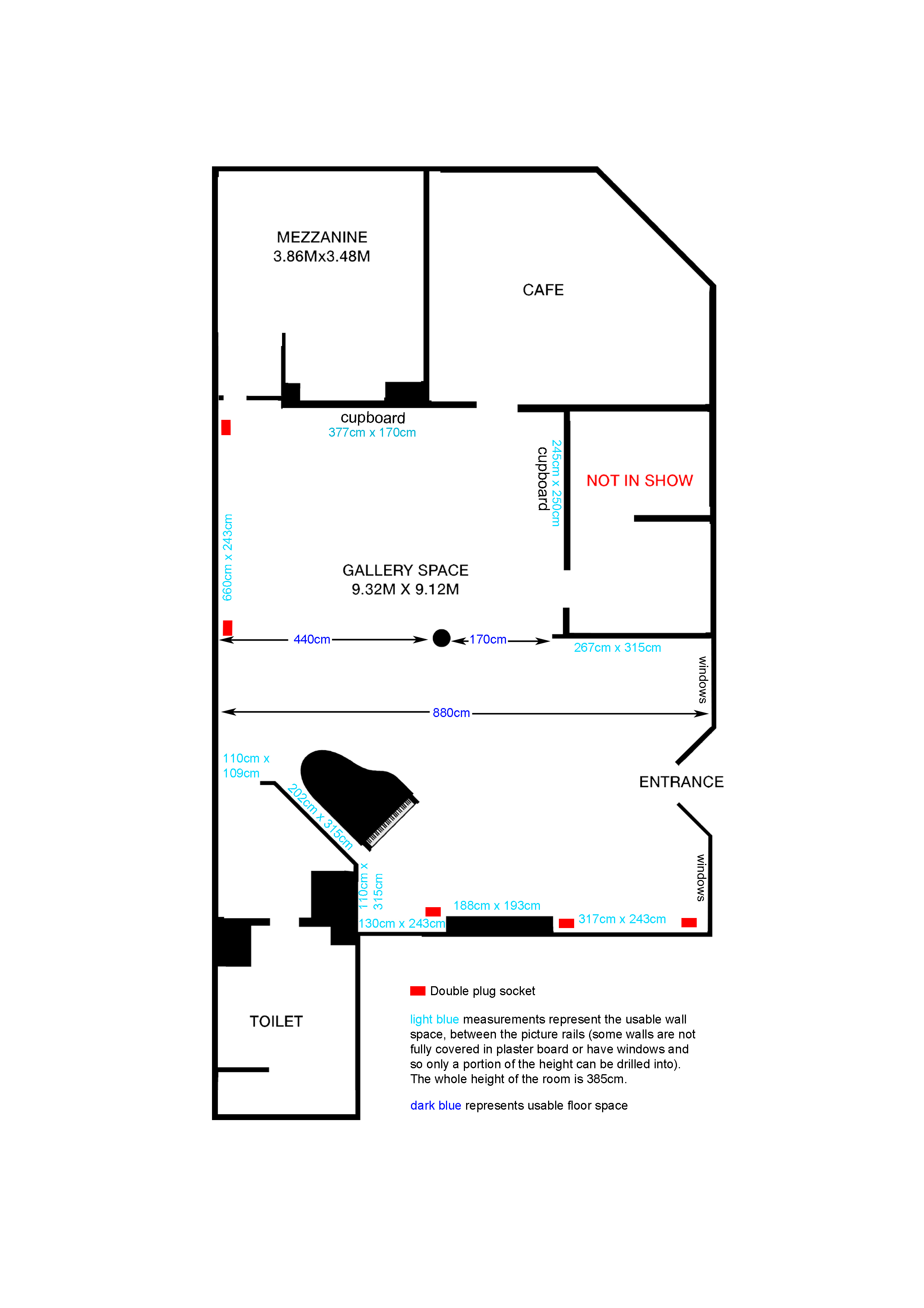 Gallery floor plan layout for events, featuring flexible seating and storage options.