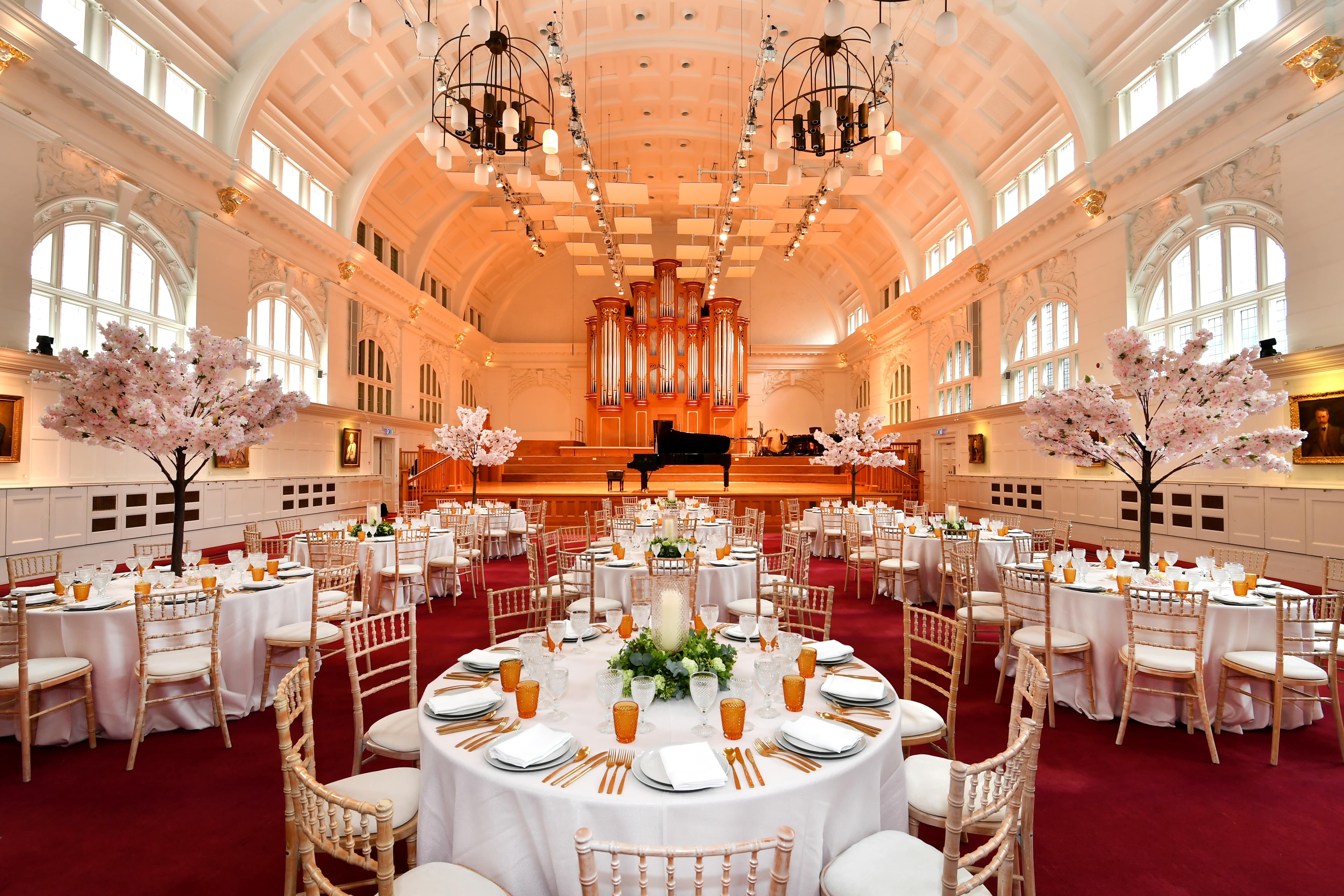 Amaryllis Fleming Concert Hall banquet setup for elegant weddings and formal events.