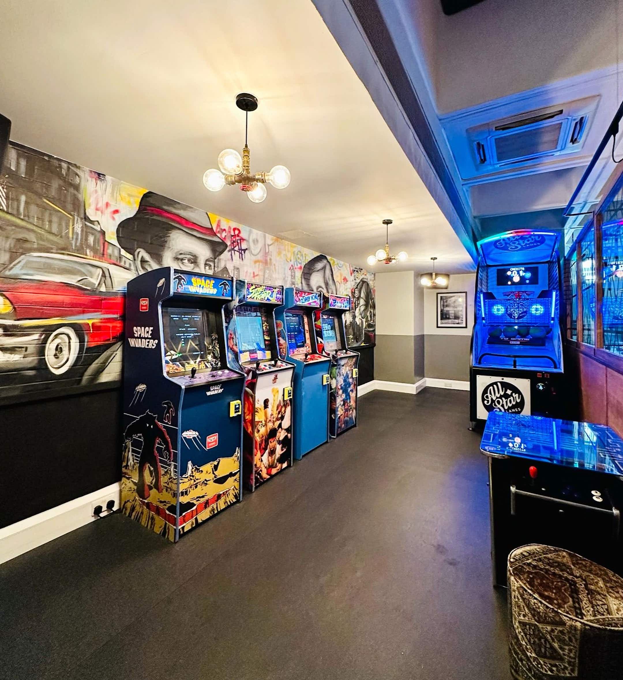 Main Hall Exclusive at All Star Lanes, vibrant arcade games for team-building events.