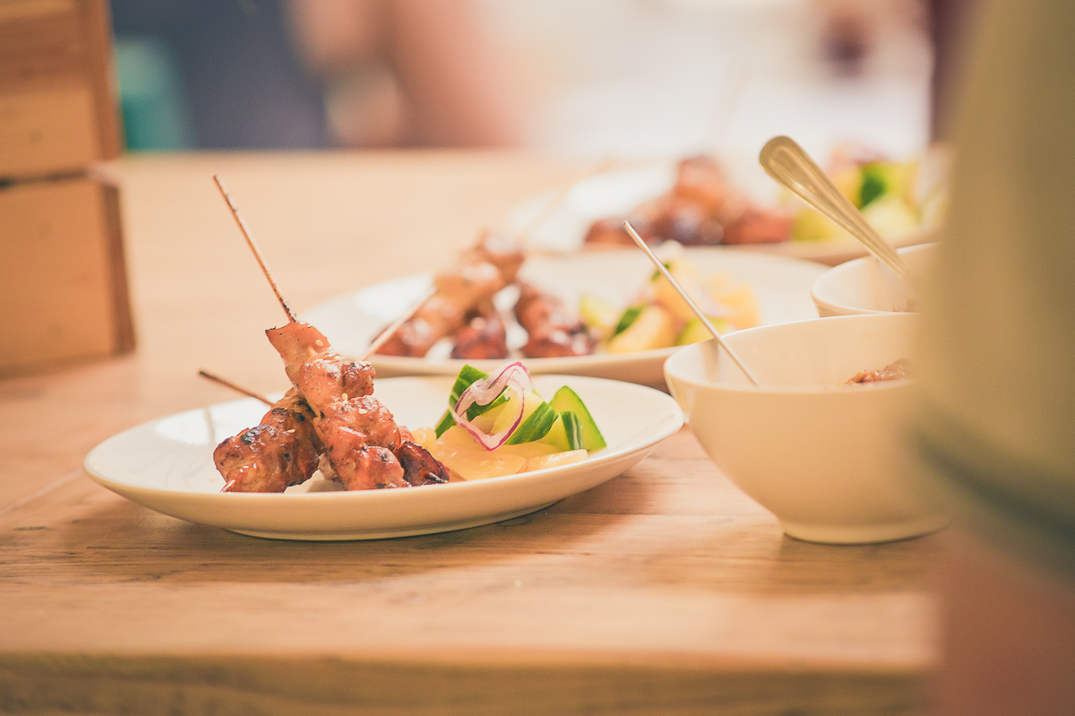 Yurt Cafe platter of skewered appetizers for networking events and cocktail receptions.