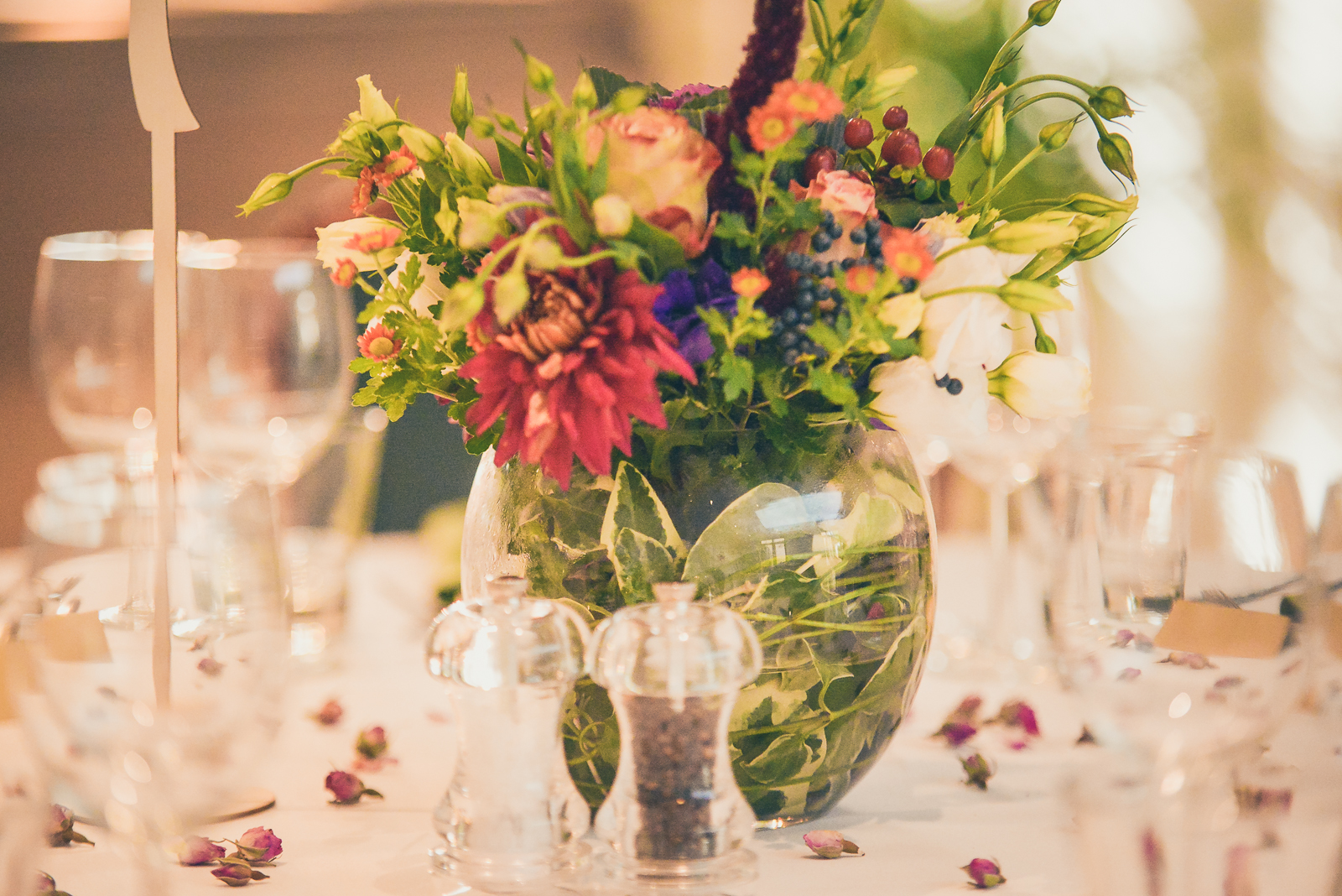 Yurt Cafe floral centerpiece, elegant dining setup for weddings and corporate events.