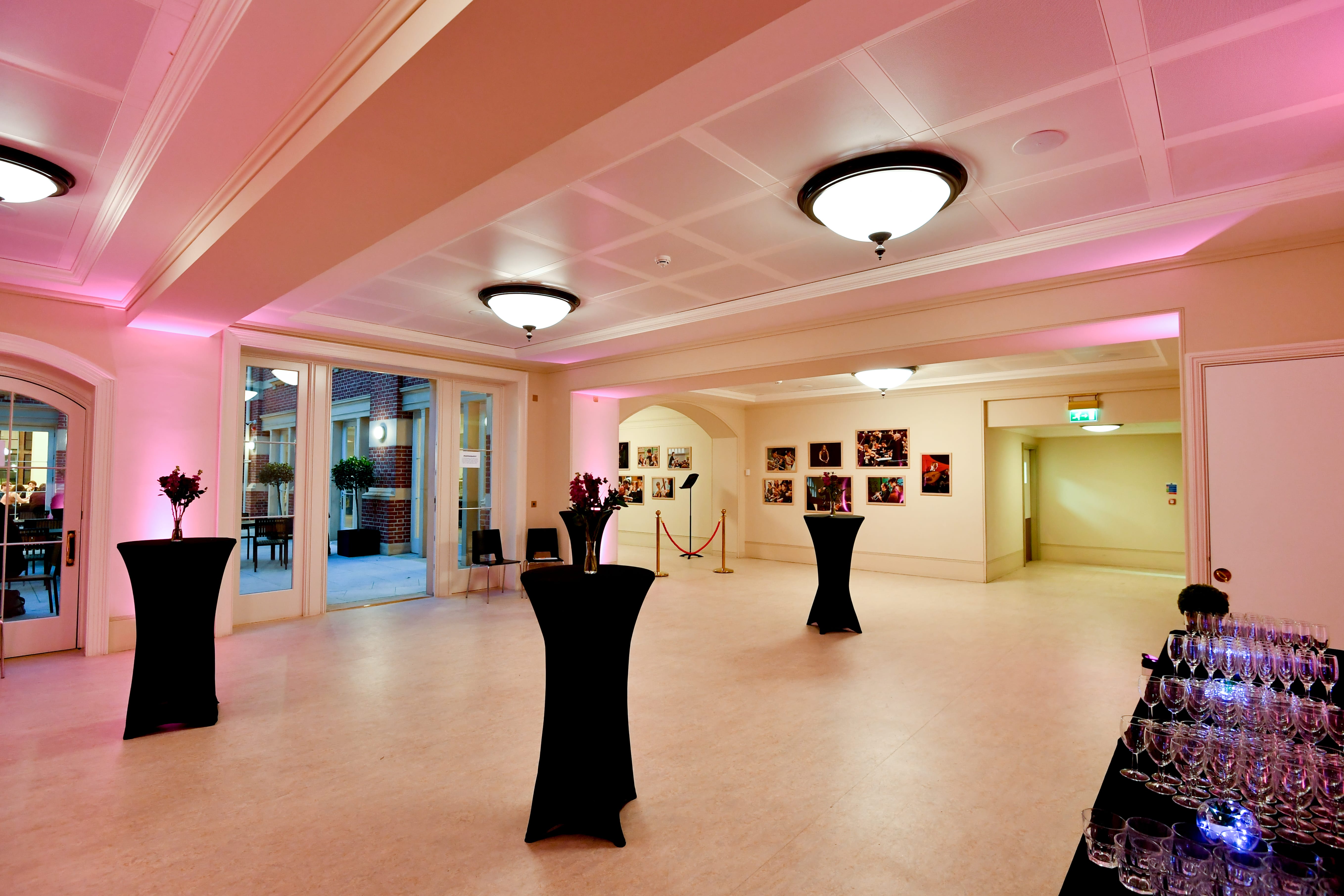 Elegant event space at Royal College of Music with modern decor and natural light.