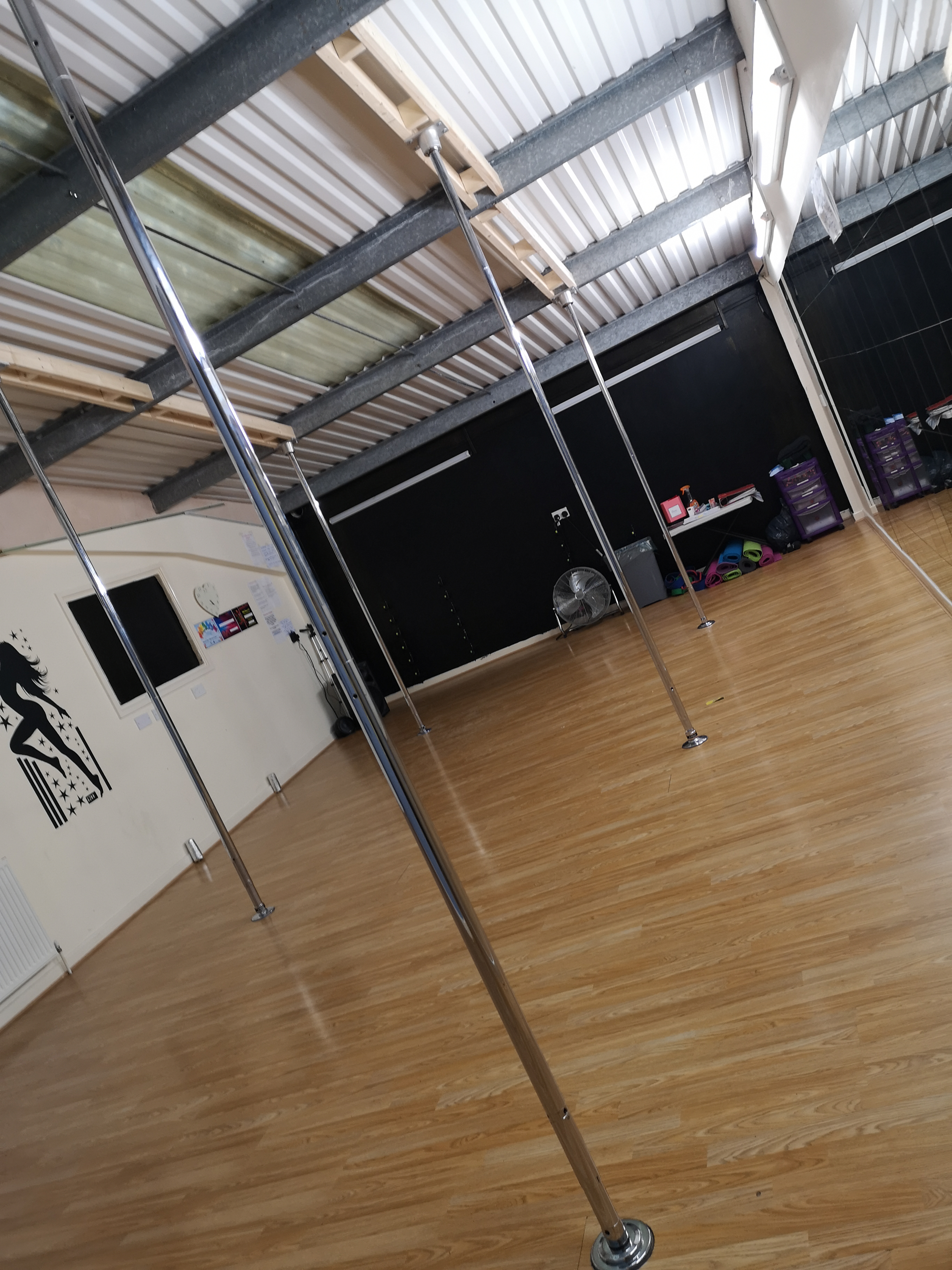 Dance studio with polished wooden floor and vertical poles for fitness classes and events.