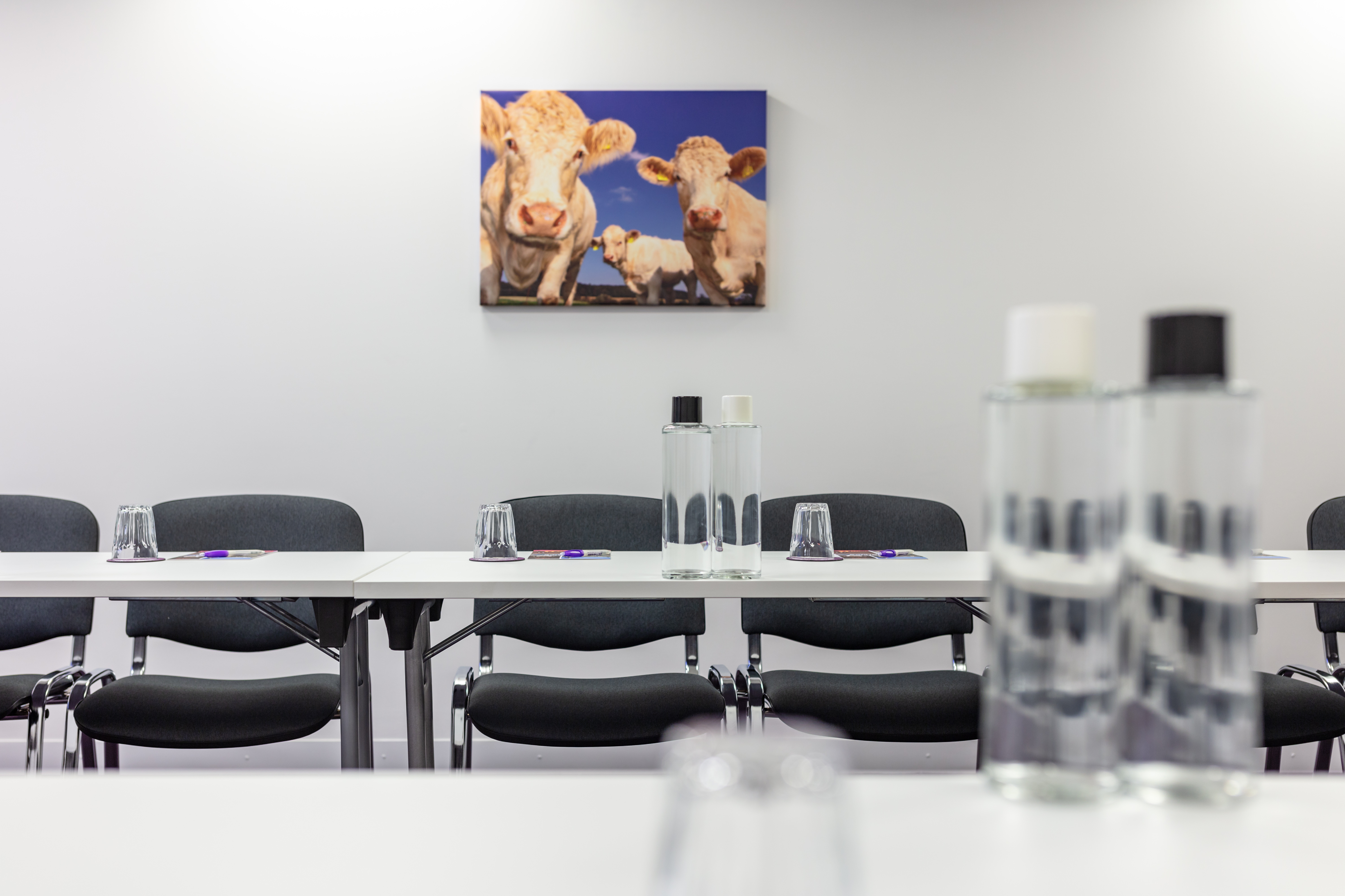Modern meeting room with minimalist design and playful cow artwork in City of London.
