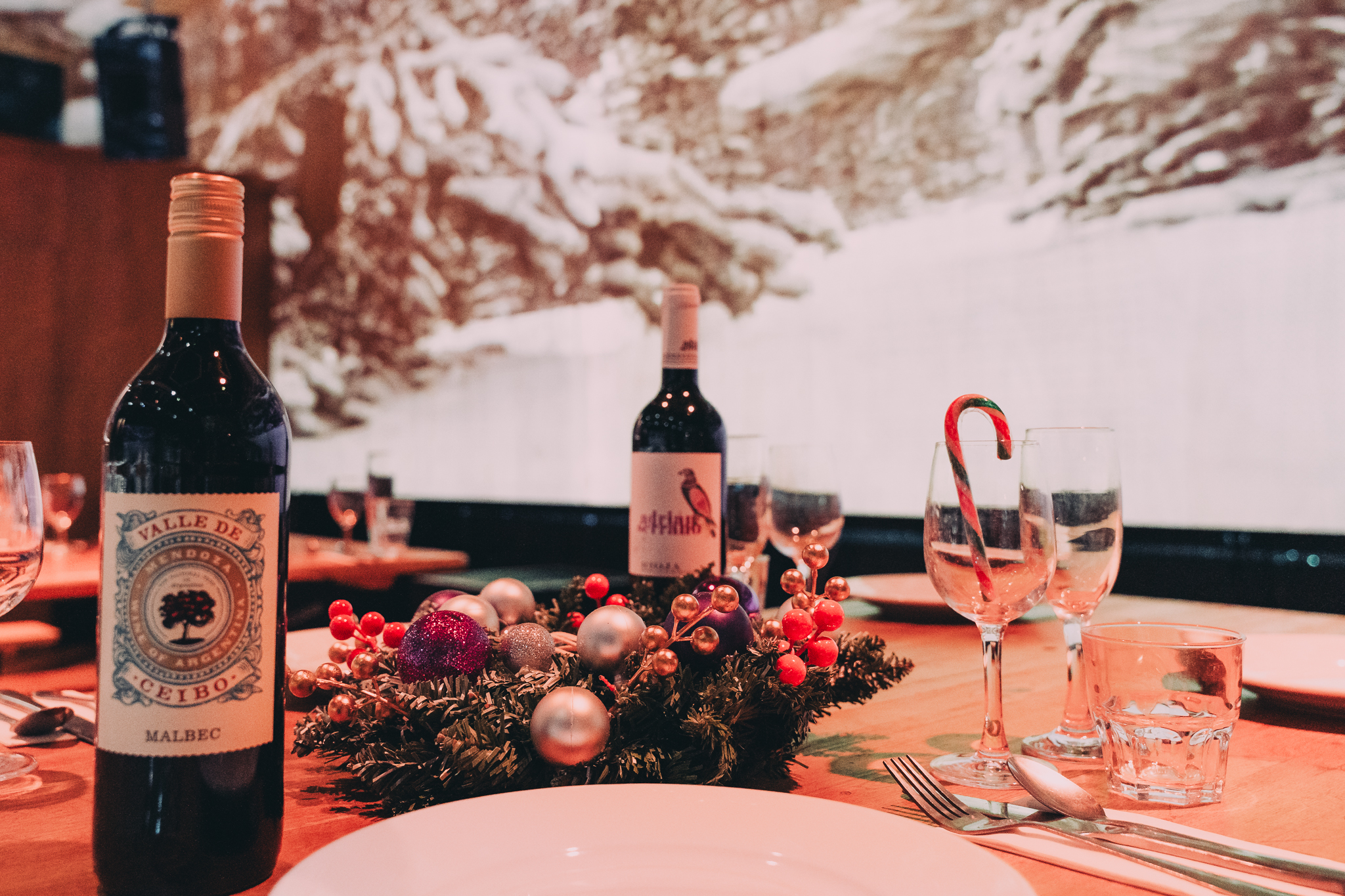 Elegant Christmas table setting with glassware at No90 Hackney Wick festive event.