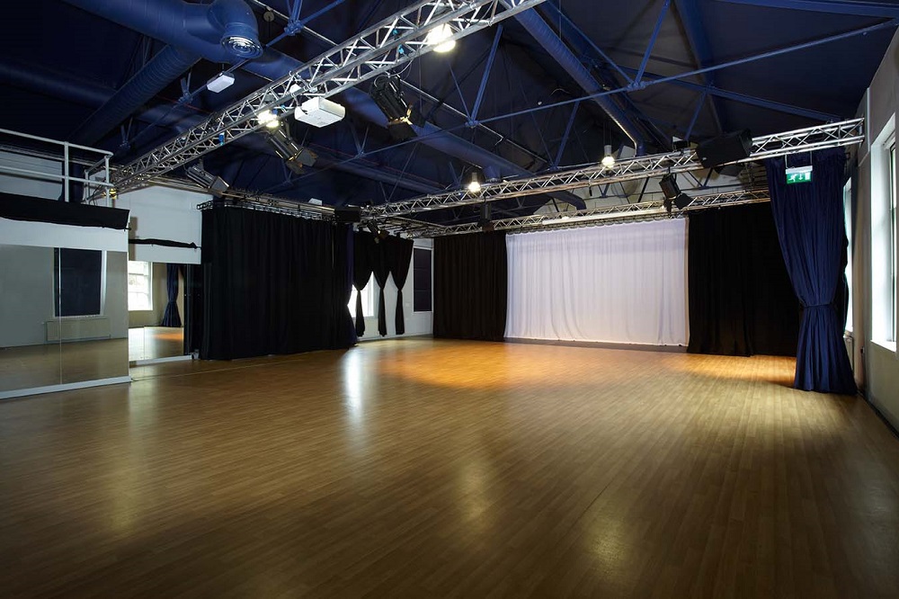 Ganges Theatre at Kala Sangam: versatile event space with wooden floor for workshops and performances.