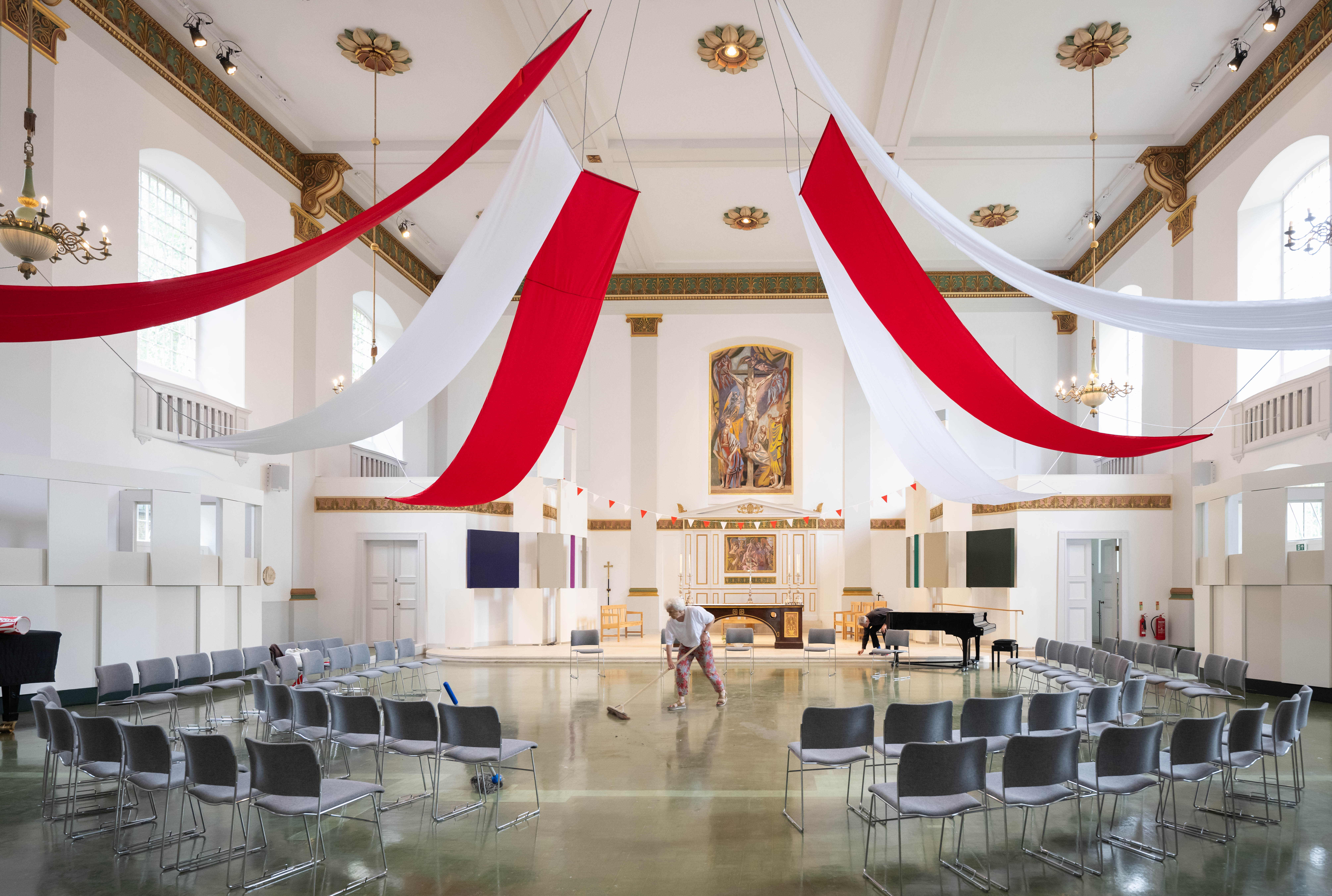 Elegant event space in St John's Church Waterloo with draped fabric, ideal for conferences.