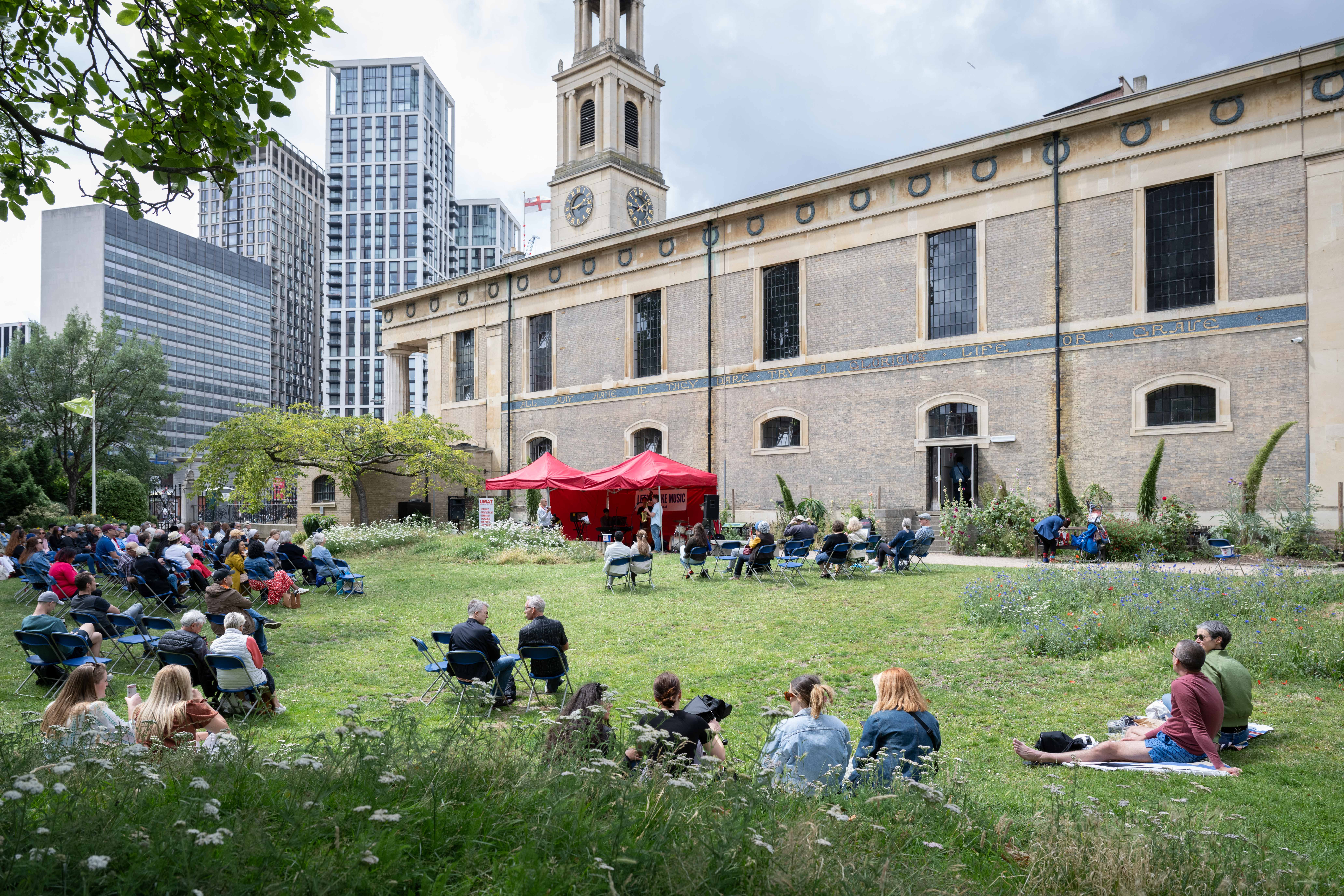 Meeting rooms at St John's Church Waterloo with red tent for outdoor networking event.