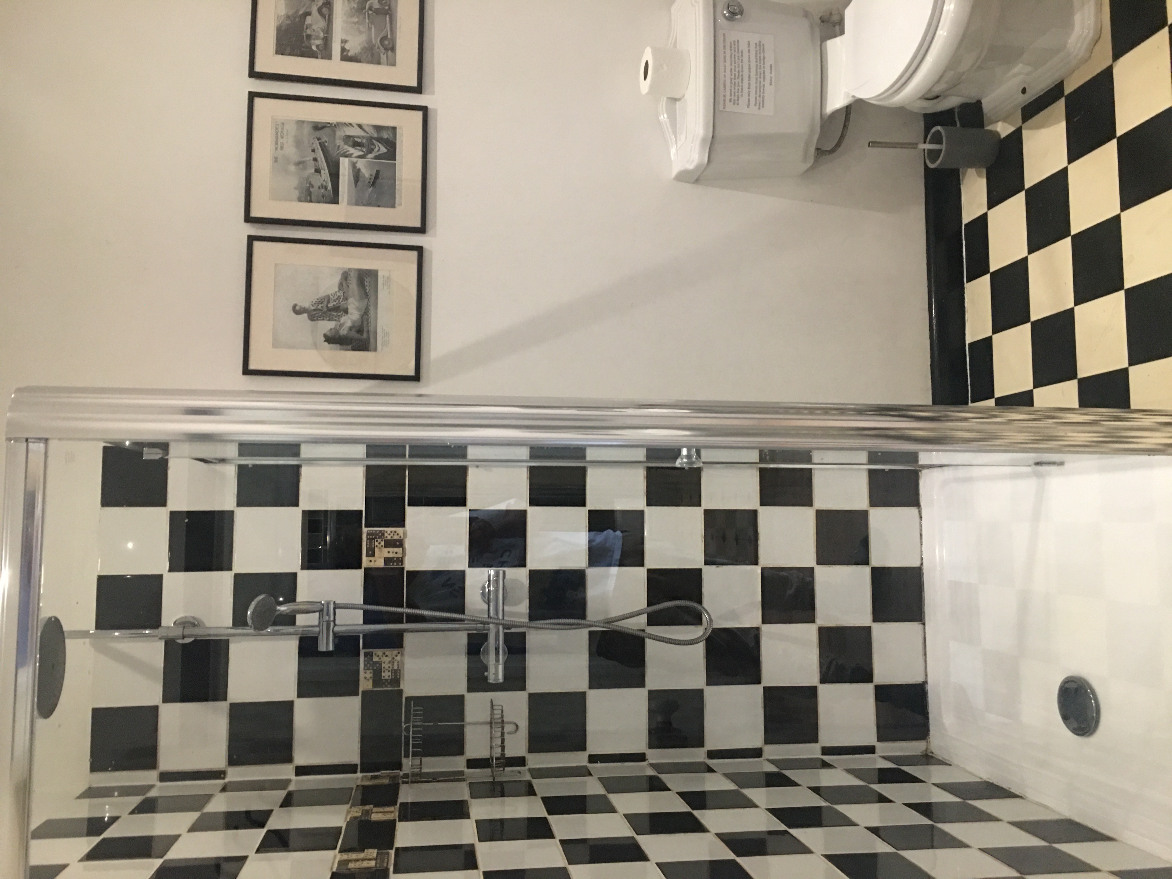 Stylish koa tree restroom with modern shower, vintage art, ideal for events.