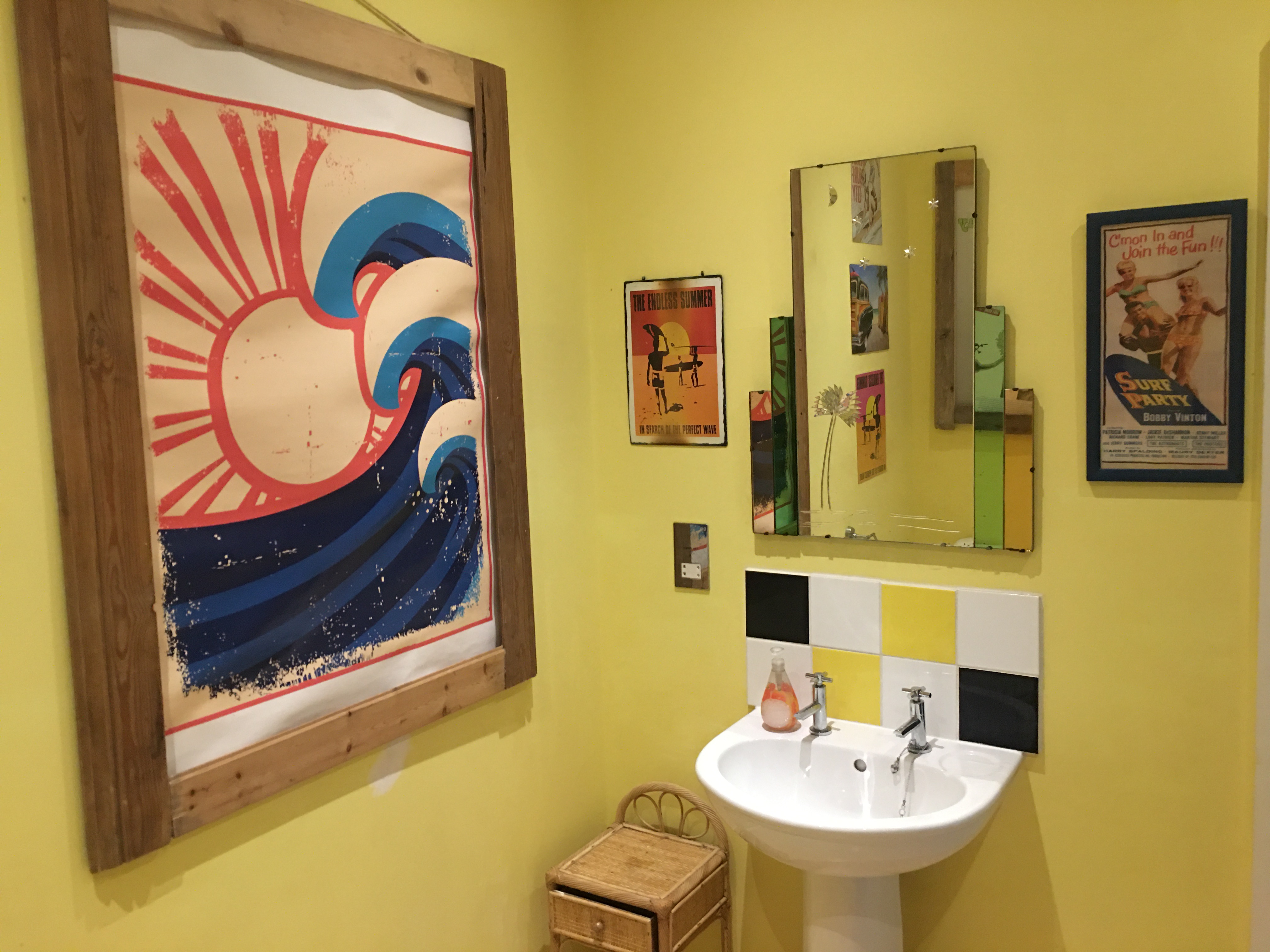 Vibrant koa tree restroom with bold artwork for memorable event experiences.