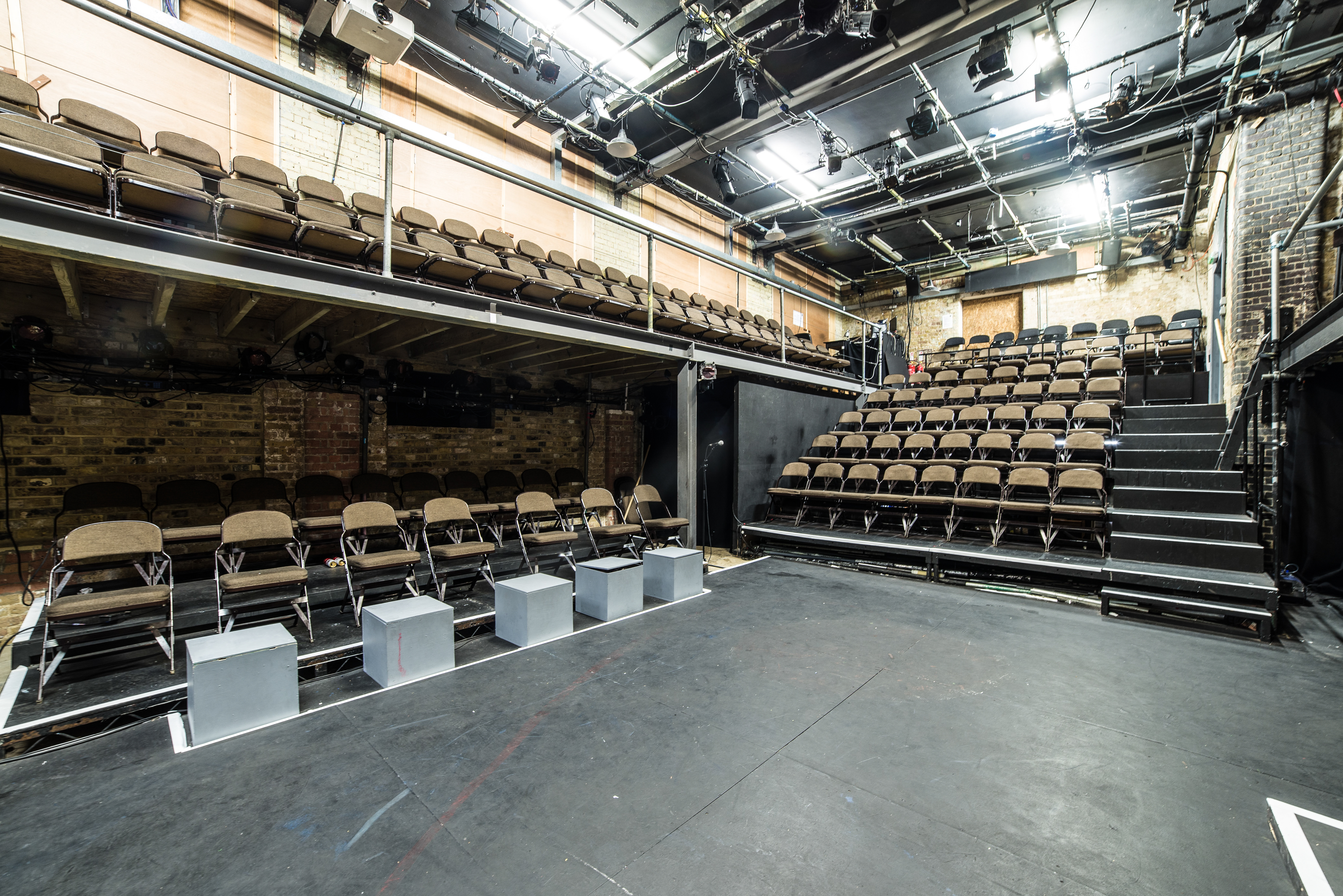 "Studio 1 at Arcola Theatre: versatile performance space with tiered seating for events."