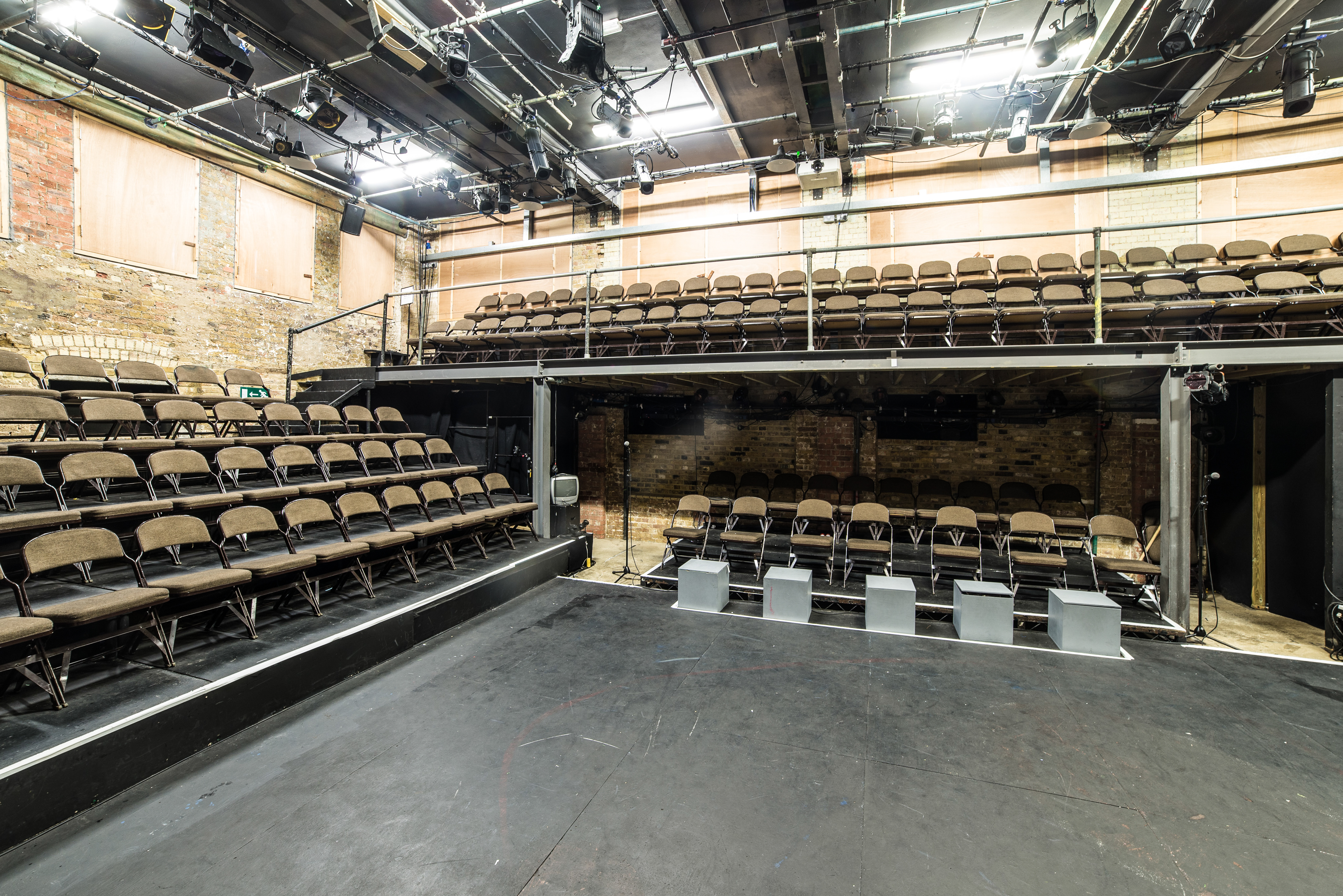 "Studio 1 at Arcola Theatre: versatile space with tiered seating for intimate events."