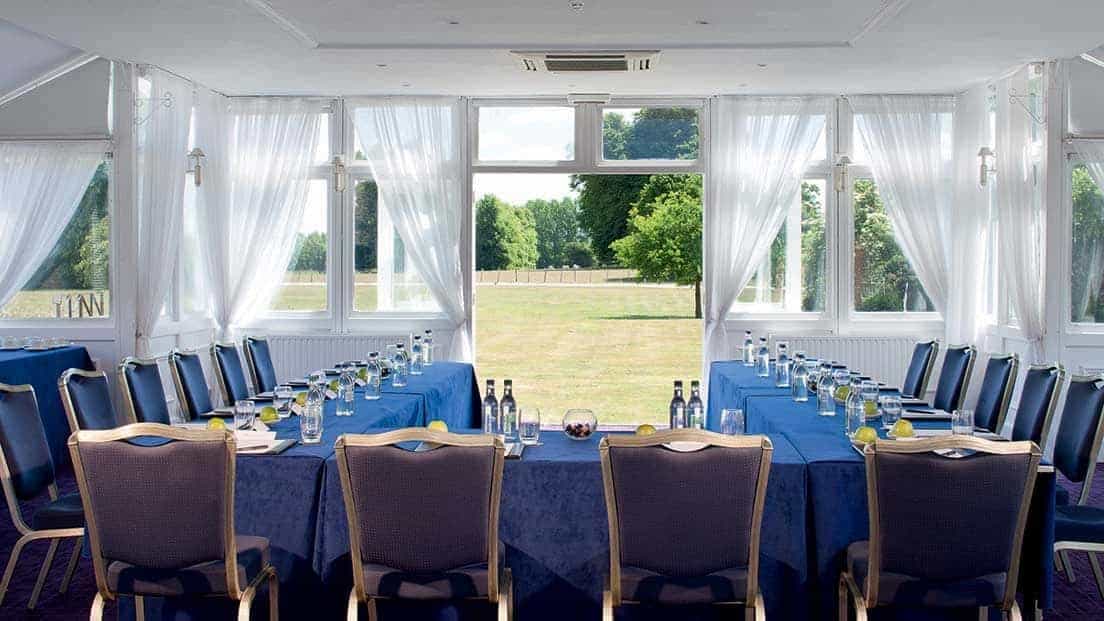 Orangery meeting room at Chilston Park Hotel, U-shaped setup for professional events.