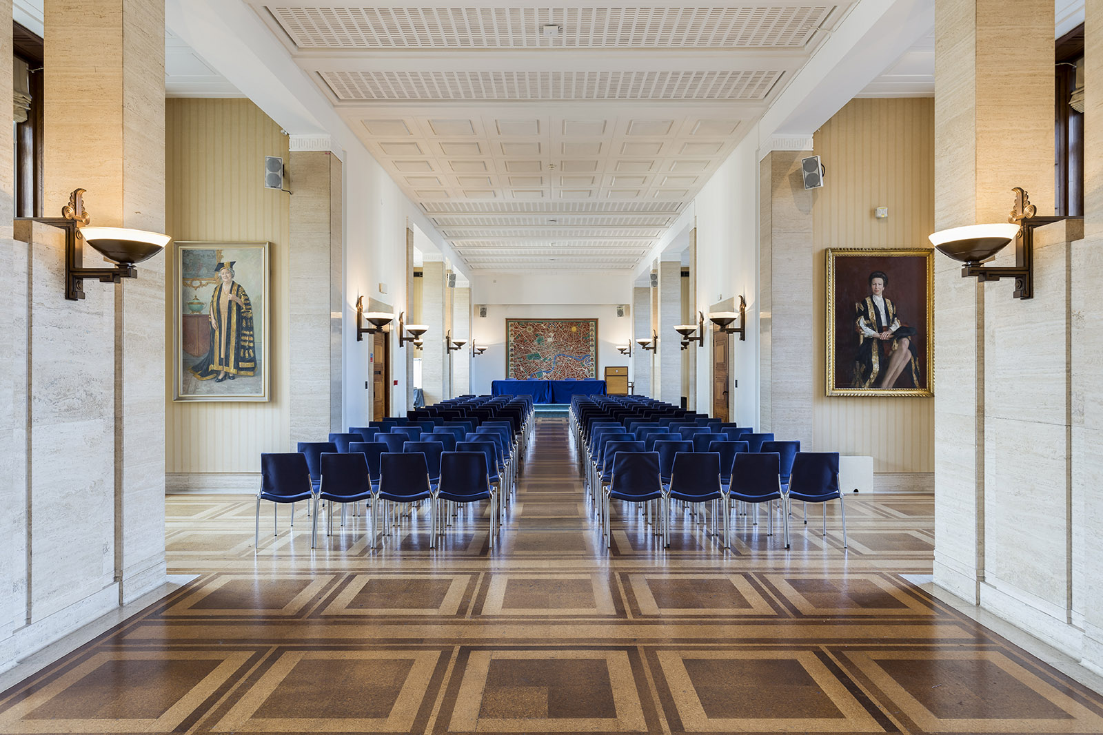 Chancellor's Hall at University of London, elegant meeting room for formal events.